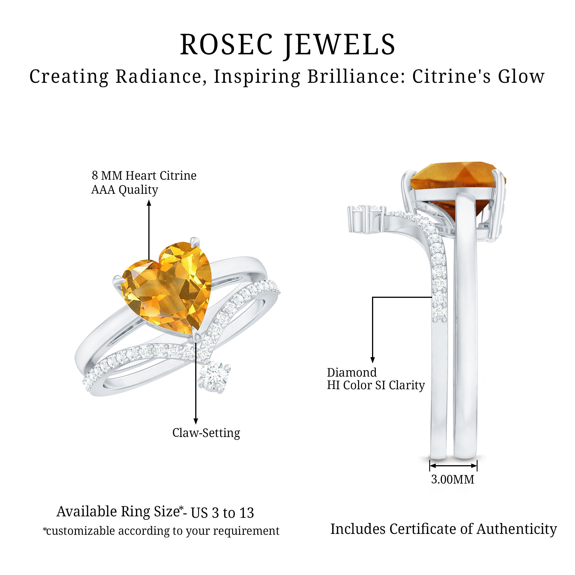 Rosec Jewels-Natural Citrine Heart Engagement Ring with Diamond Enhancer