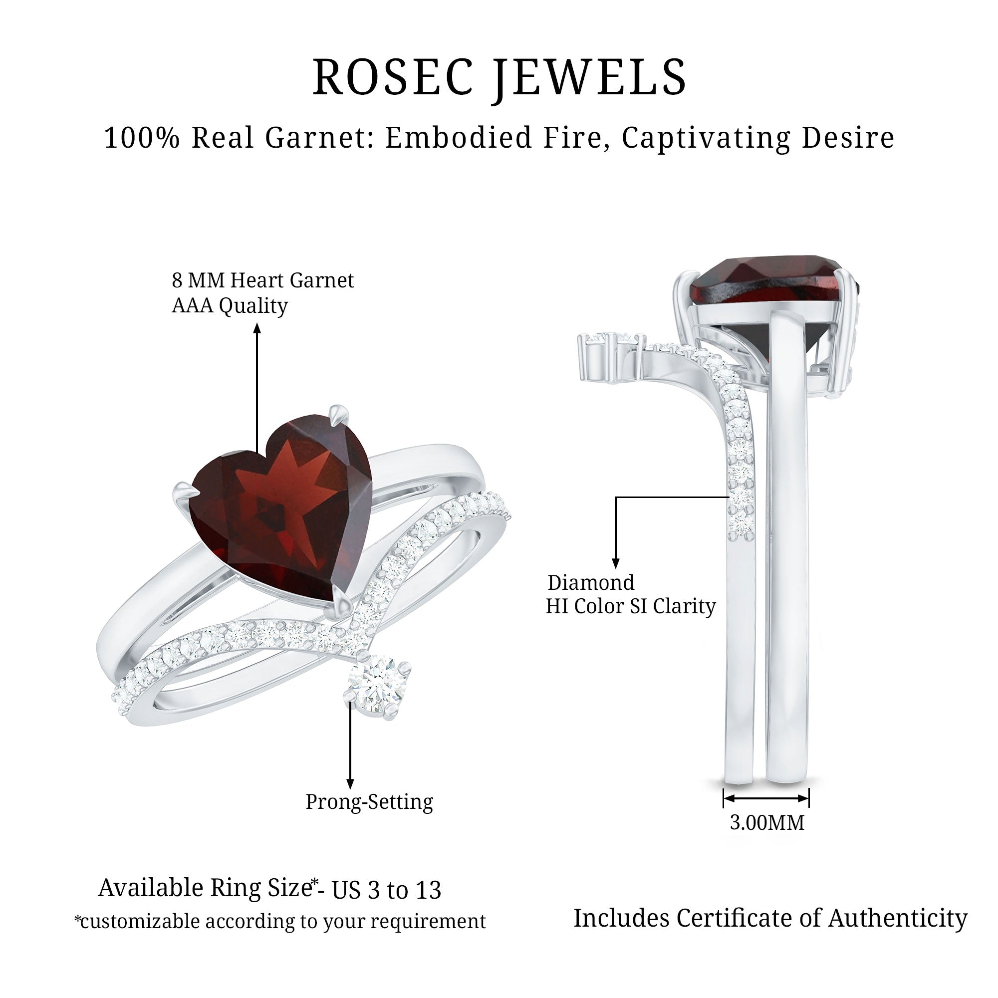 Rosec Jewels-Natural Garnet Heart Shaped Engagement Ring with Diamond Enhancer
