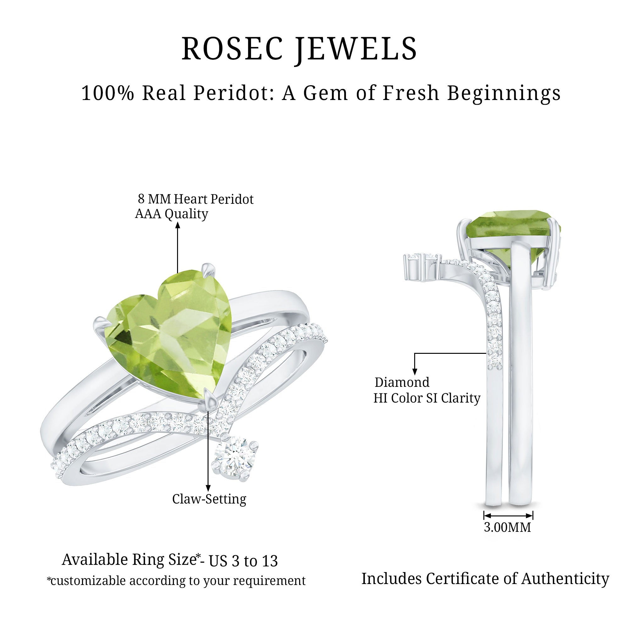 Natural 2 Carat Peridot Heart Engagement Ring with Diamond Enhancer AAA - Rosec Jewels