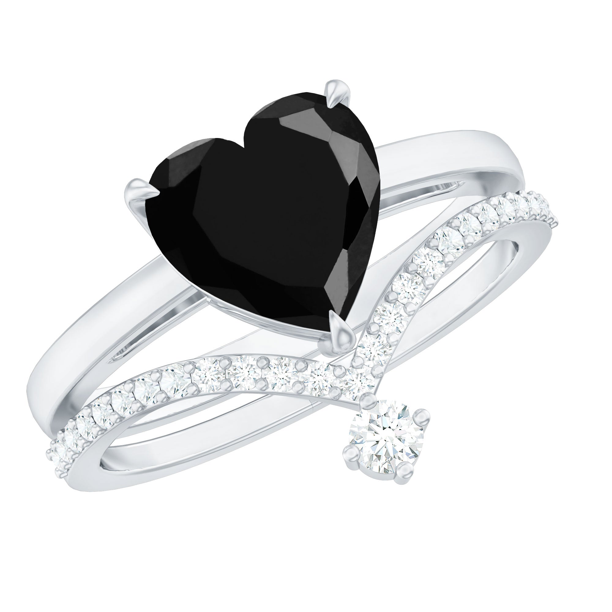 Real Black Onyx and Diamond Heart Wedding Ring Set AAA - Rosec Jewels