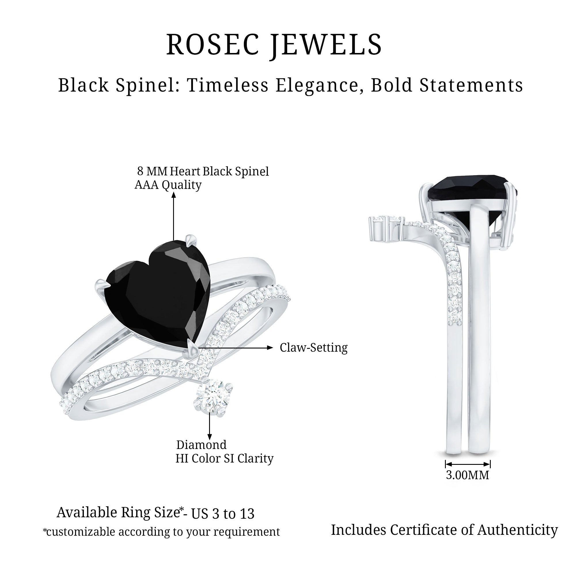 Genuine 2 Carat Black Spinel Heart Engagement Ring with Diamond Enhancer AAA - Rosec Jewels