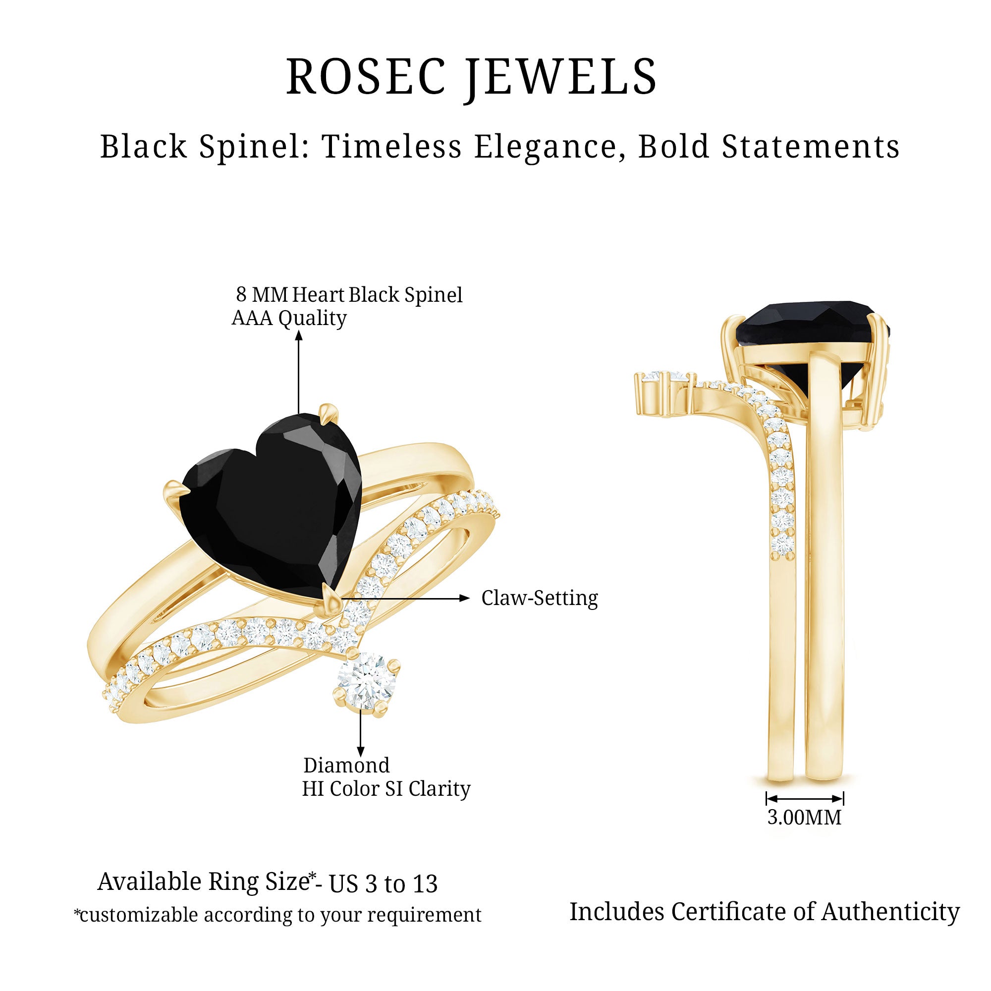 Genuine 2 Carat Black Spinel Heart Engagement Ring with Diamond Enhancer AAA - Rosec Jewels