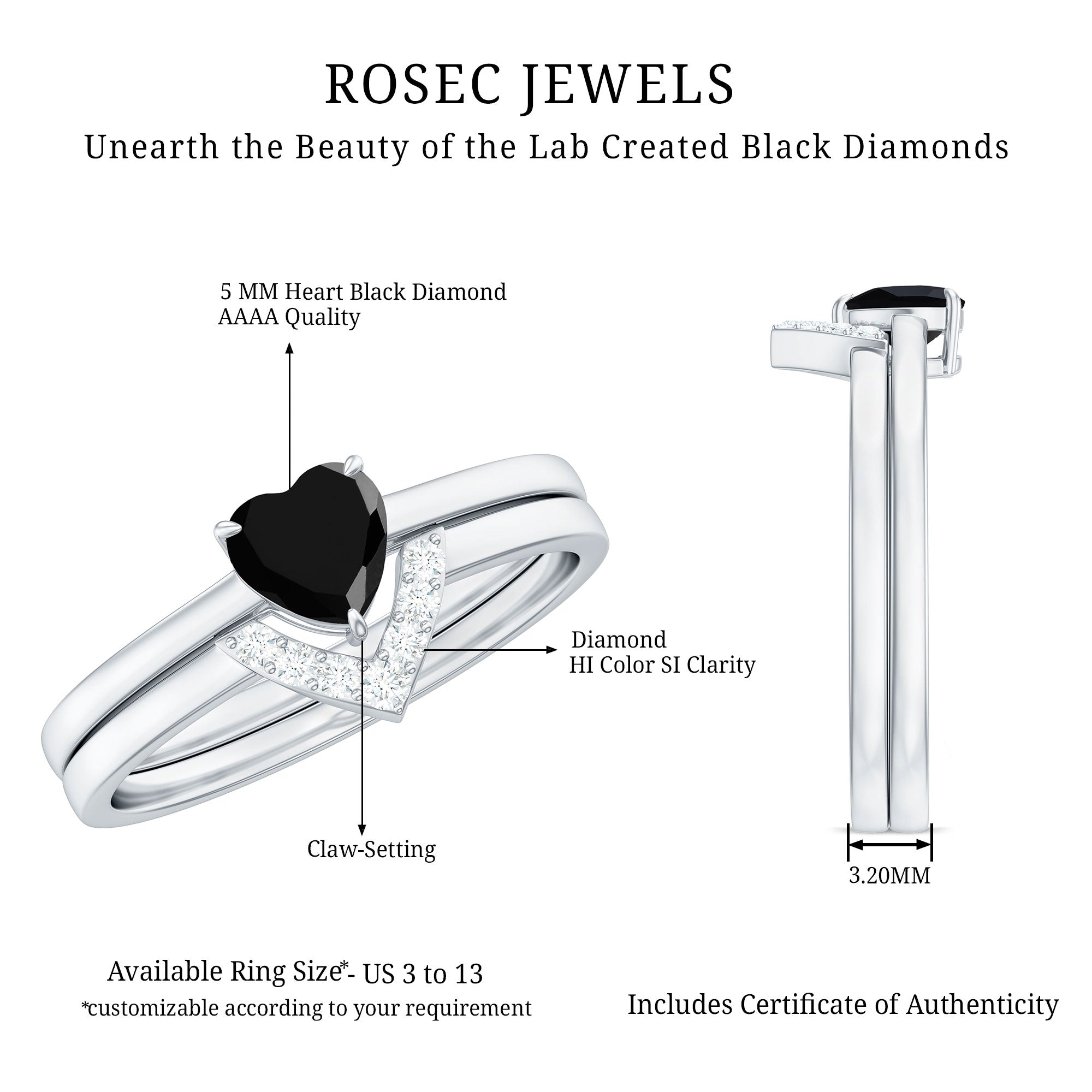 Heart Created Black Diamond Solitaire Ring Set with Diamond AAAA ( Synthetic ) - Rosec Jewels