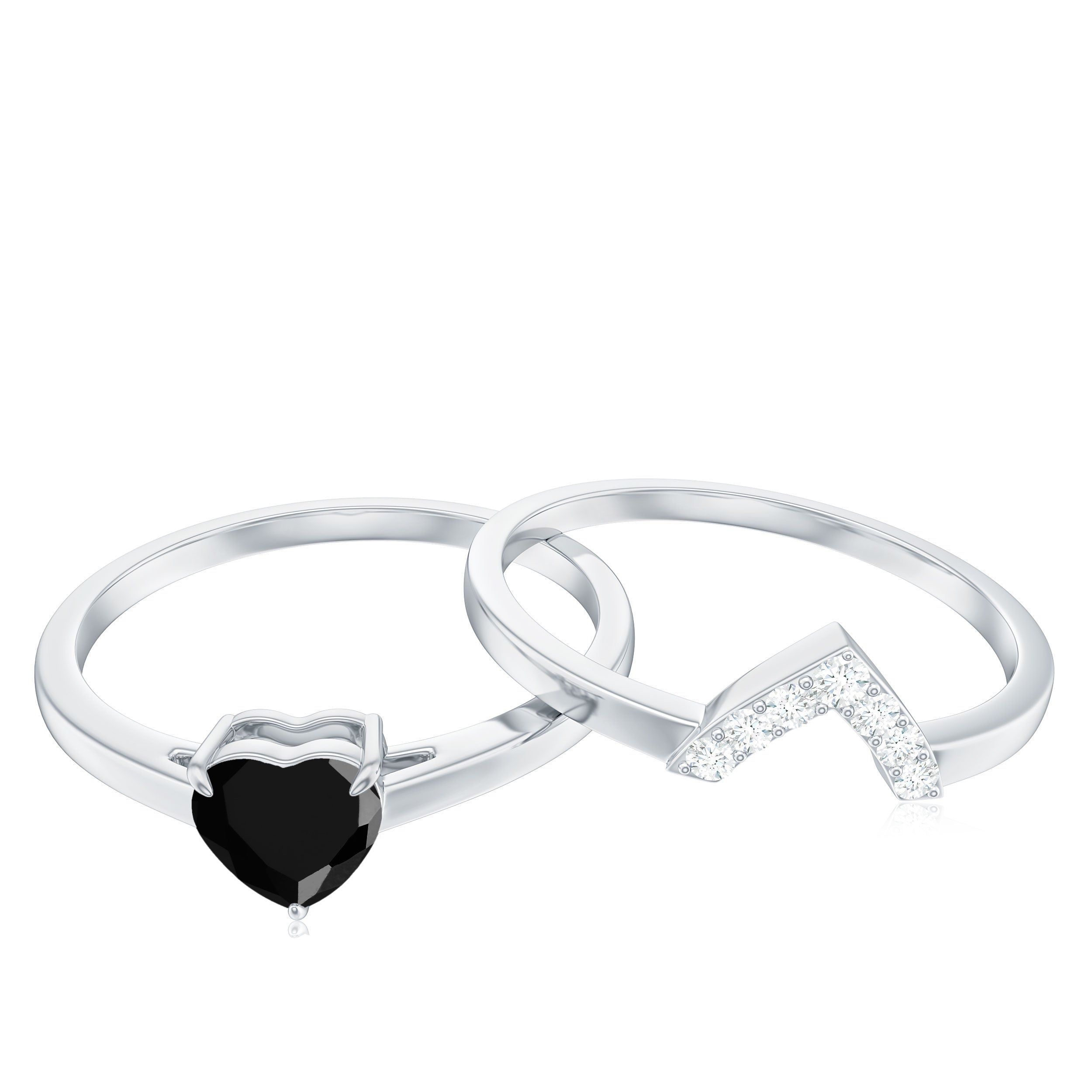 Heart Created Black Diamond Solitaire Ring Set with Diamond AAAA ( Synthetic ) - Rosec Jewels