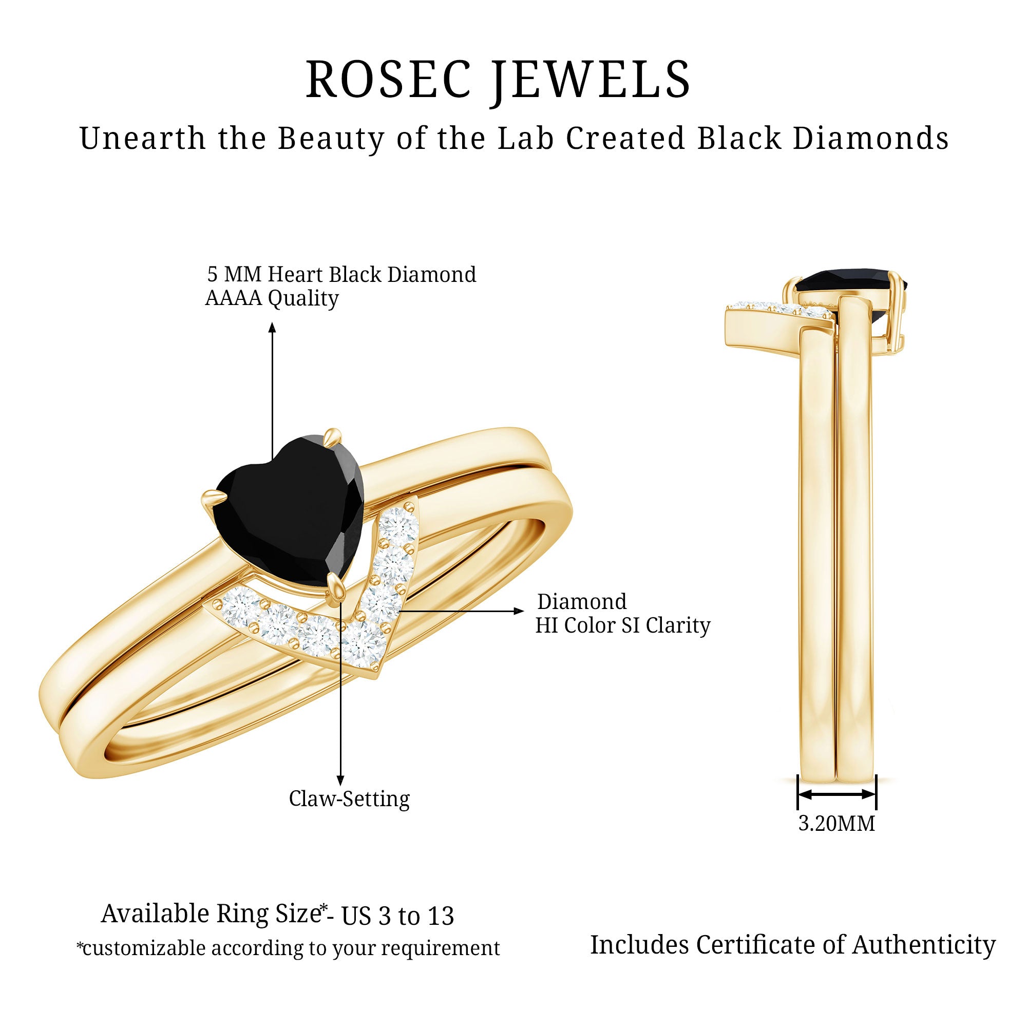 Heart Created Black Diamond Solitaire Ring Set with Diamond AAAA ( Synthetic ) - Rosec Jewels