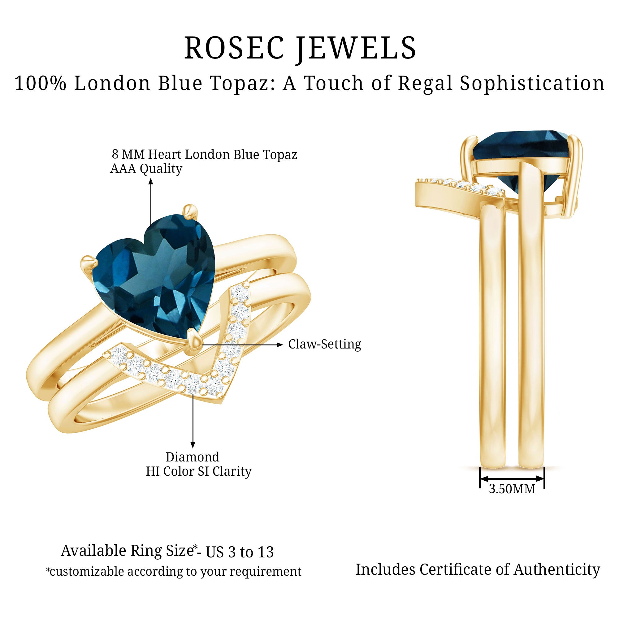 Rosec Jewels-8mm London Blue Topaz Heart Ring Set with Diamond