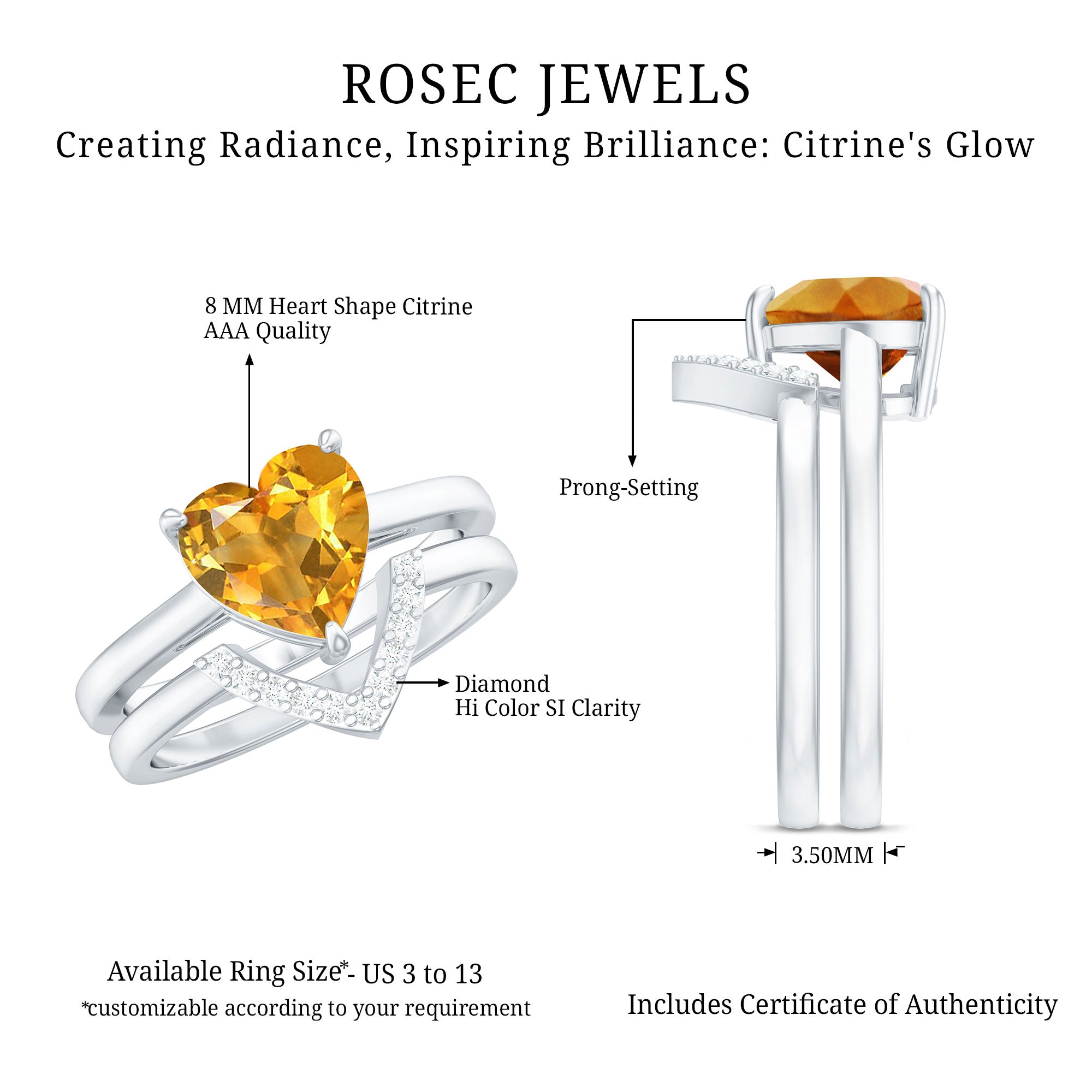 2 Carat Heart Shape Citrine and Diamond Bridal Ring Set AAA - Rosec Jewels