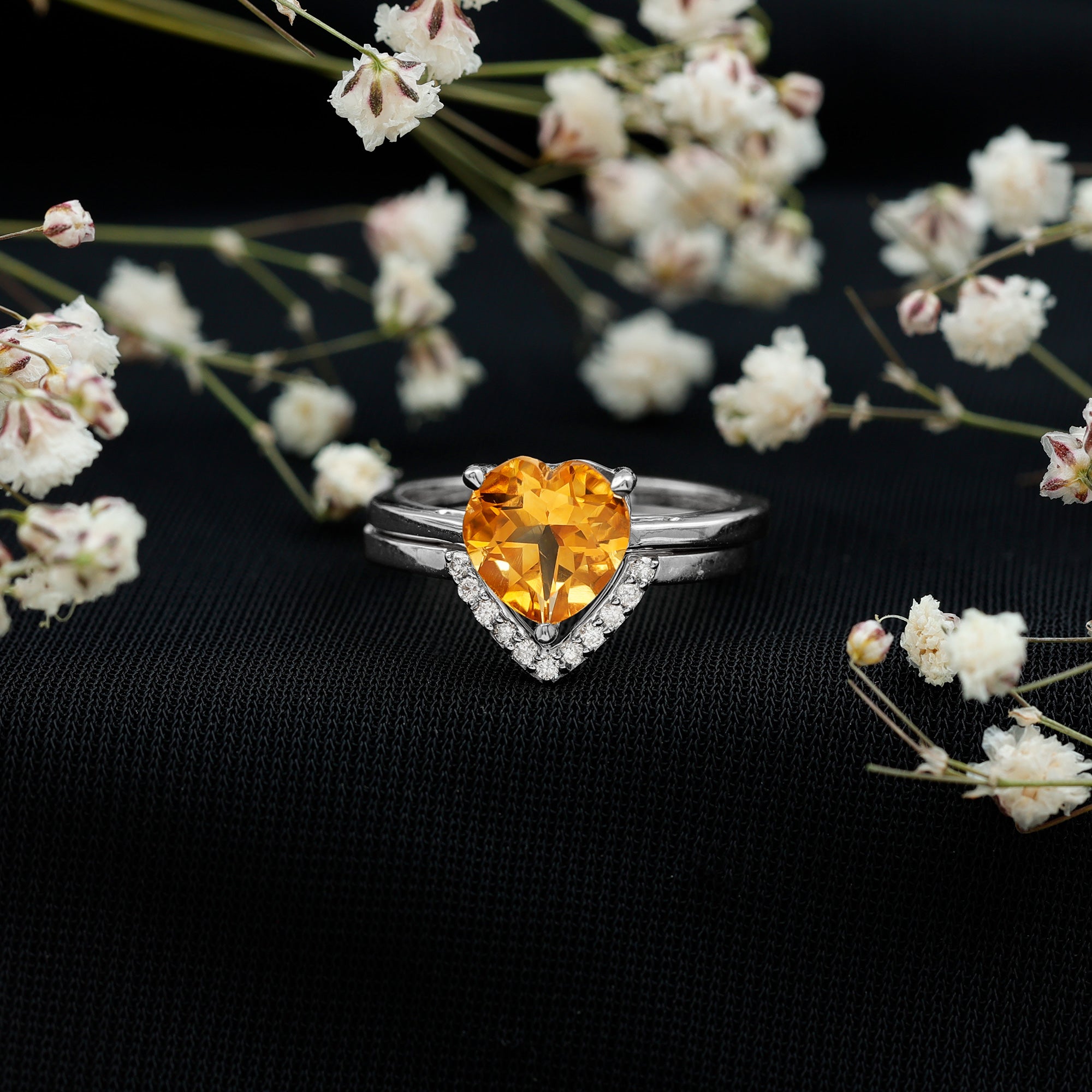2 Carat Heart Shape Citrine and Diamond Bridal Ring Set AAA - Rosec Jewels
