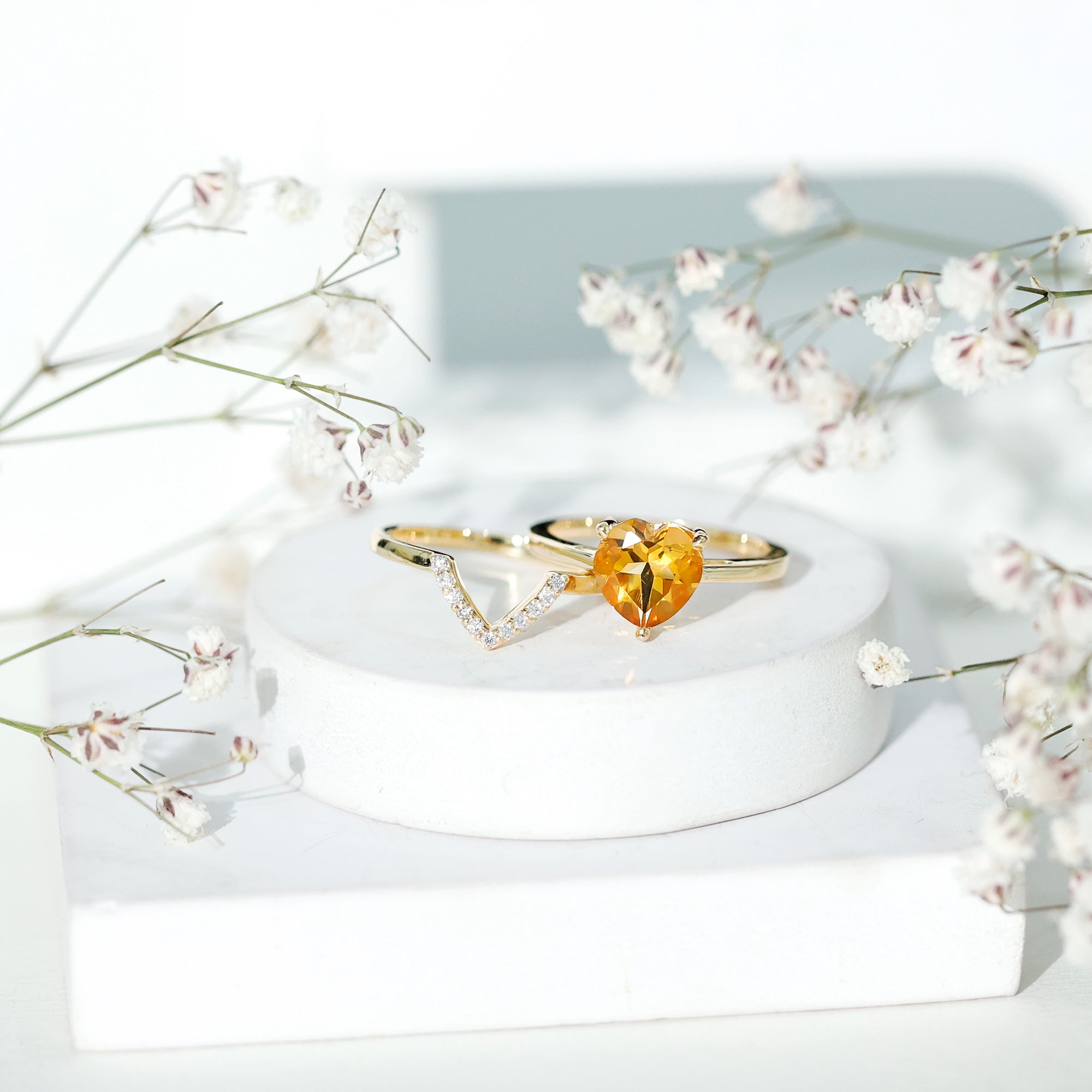 2 Carat Heart Shape Citrine and Diamond Bridal Ring Set AAA - Rosec Jewels