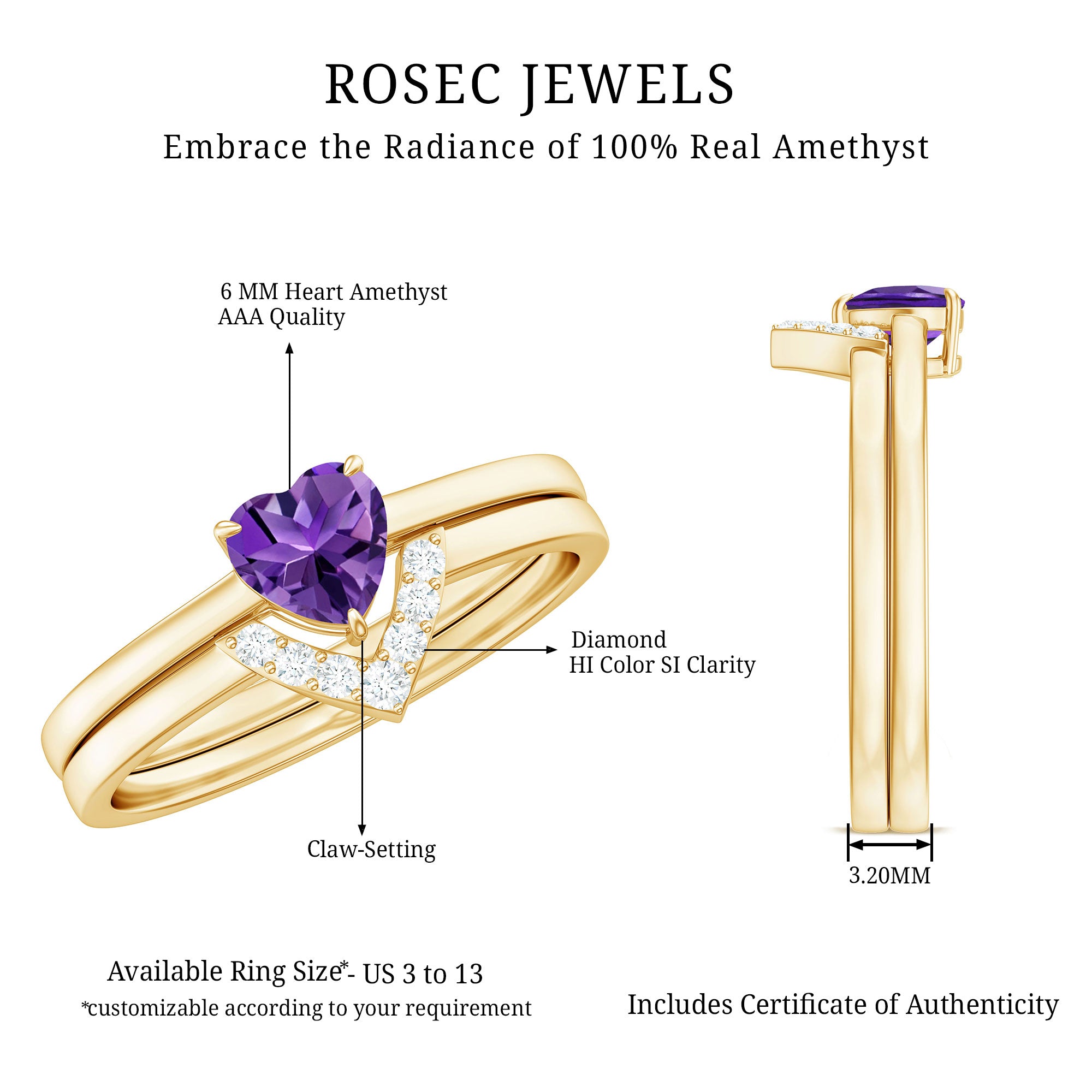 Rosec Jewels-Natural Heart Shape Amethyst Engagement Ring Set with Diamond
