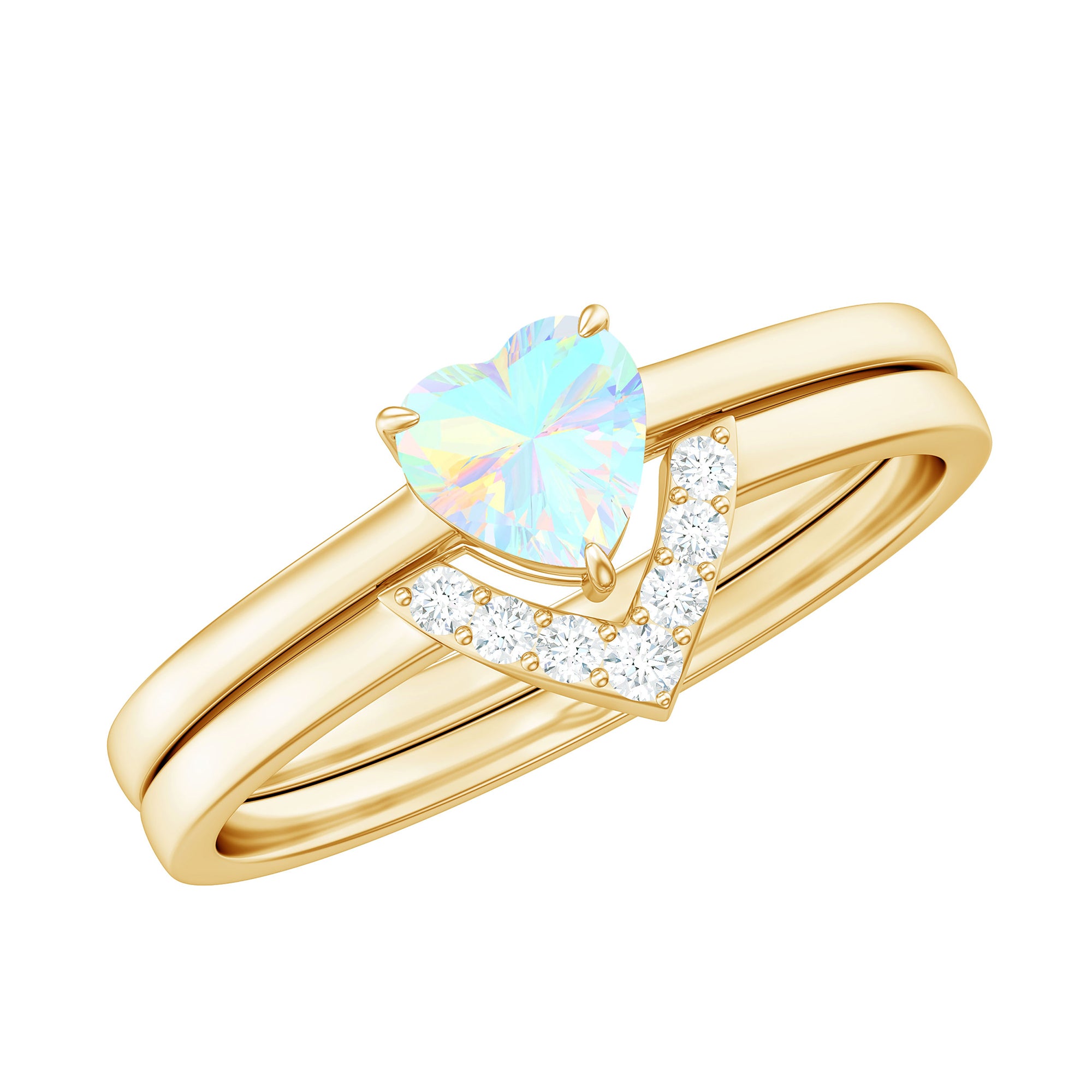 Ethiopian Opal Heart Engagement Ring with Diamond Wedding Band AAA - Rosec Jewels