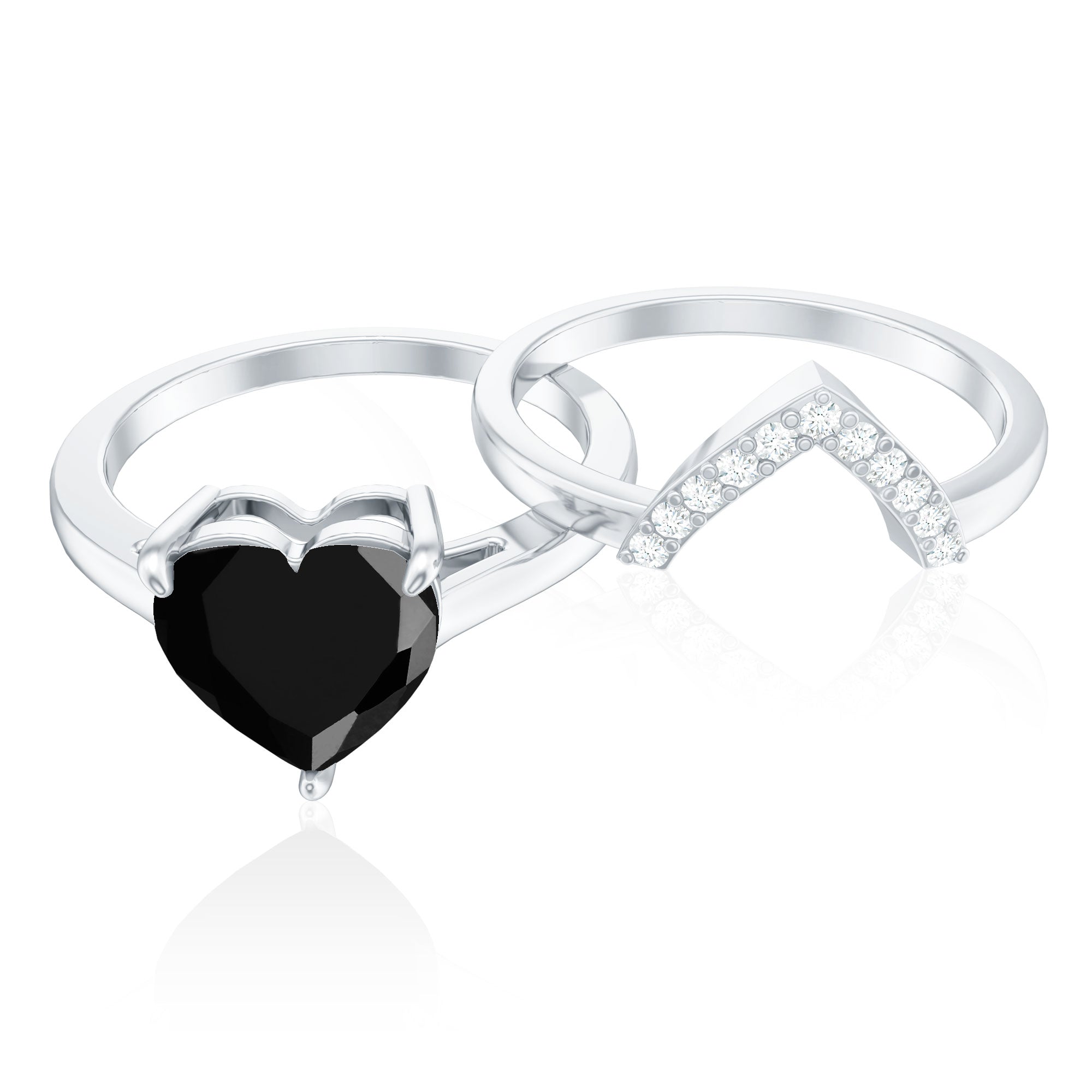 Natural Black Spinel Diamond 2 Carat Heart Engagement and Wedding Ring Set of 2 AAA - Rosec Jewels