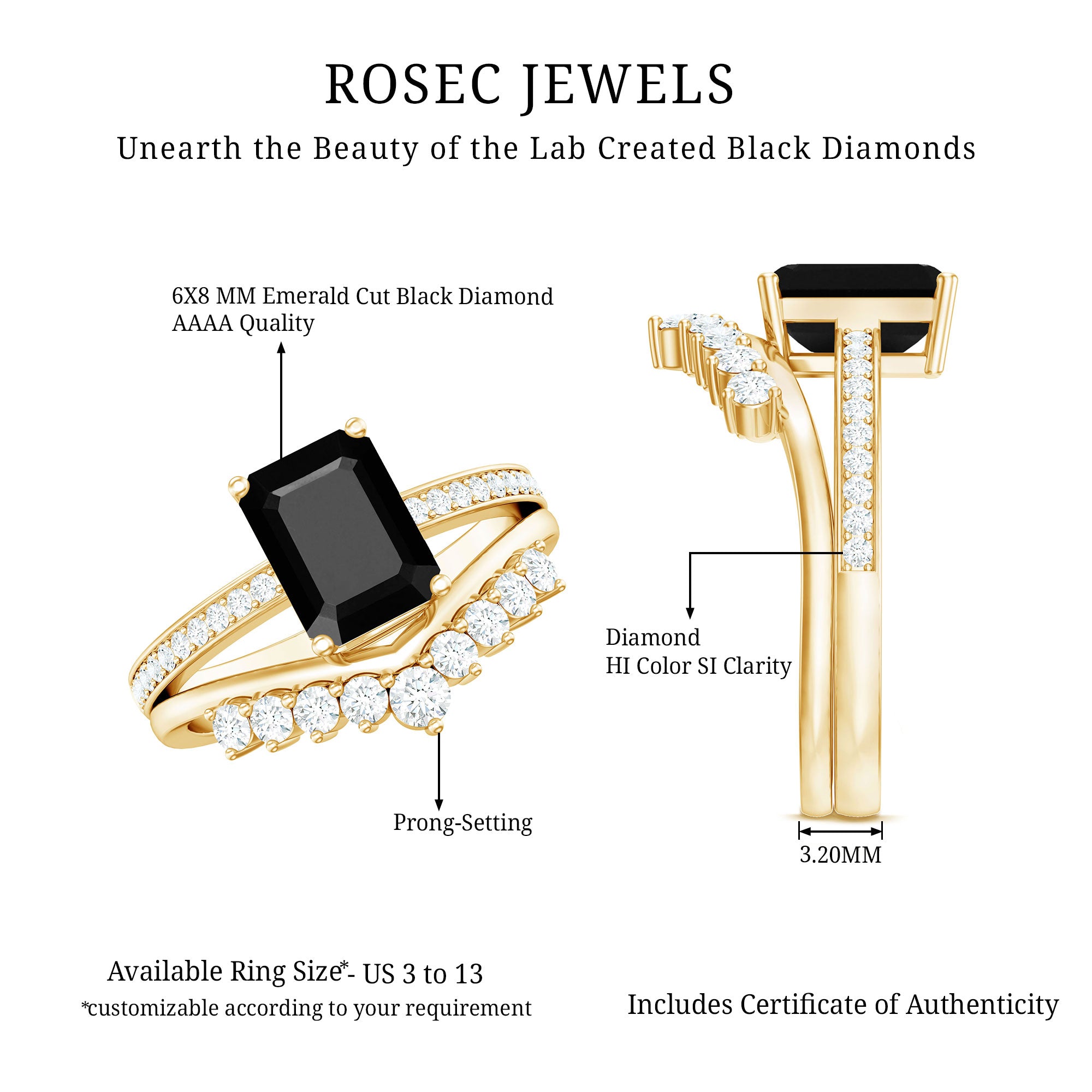 Emerald Cut Created Black Diamond and Diamond Engagement Ring Set AAAA ( Synthetic ) - Rosec Jewels