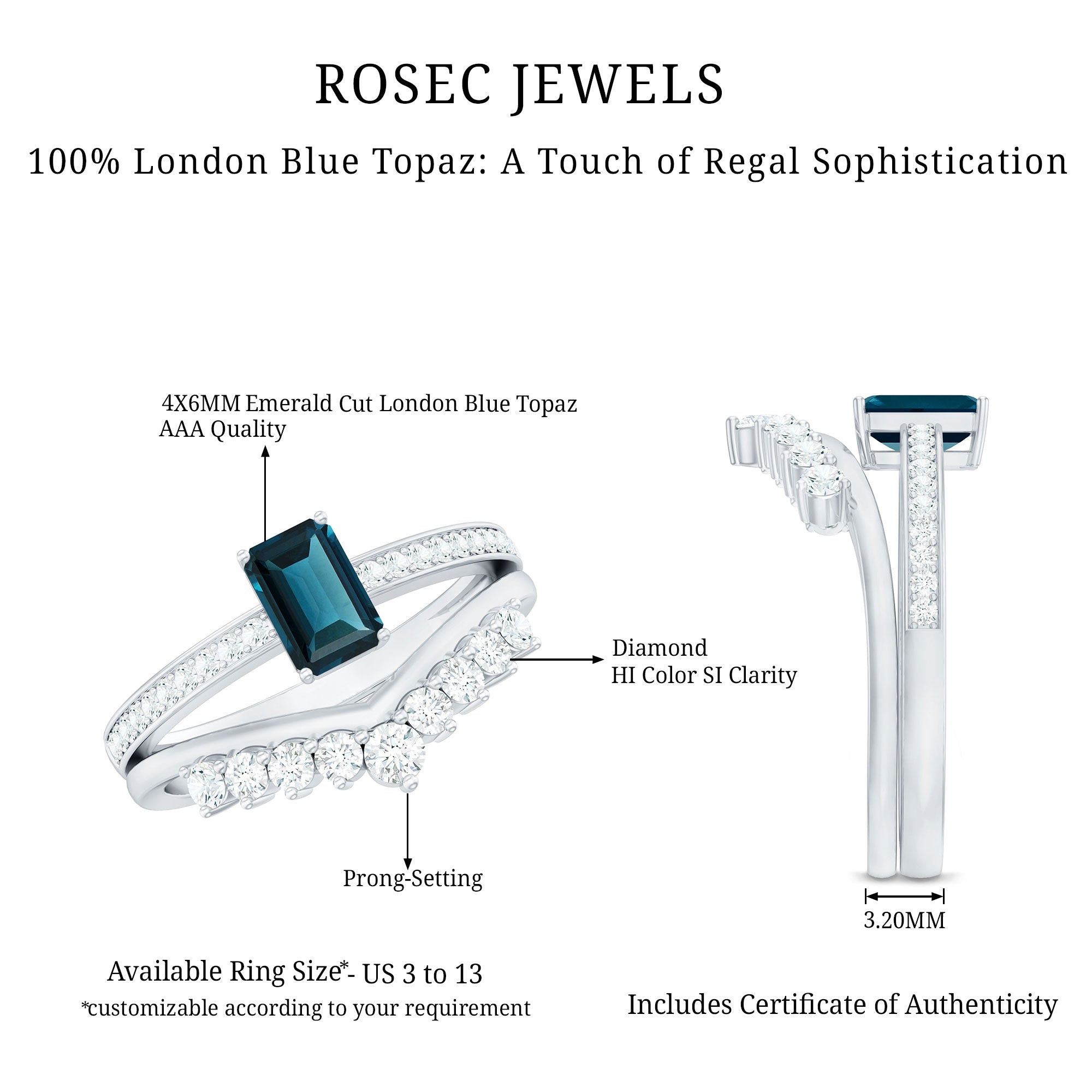 Rosec Jewels-London Blue Topaz Engagement Ring with Diamond Wedding Band