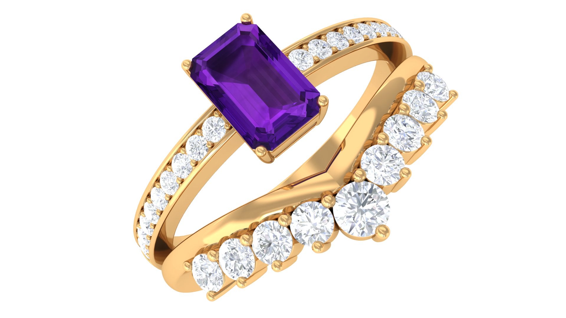1.4 Carat Emerald Cut Amethyst Diamond Wedding Bridal Ring Set AAA - Rosec Jewels