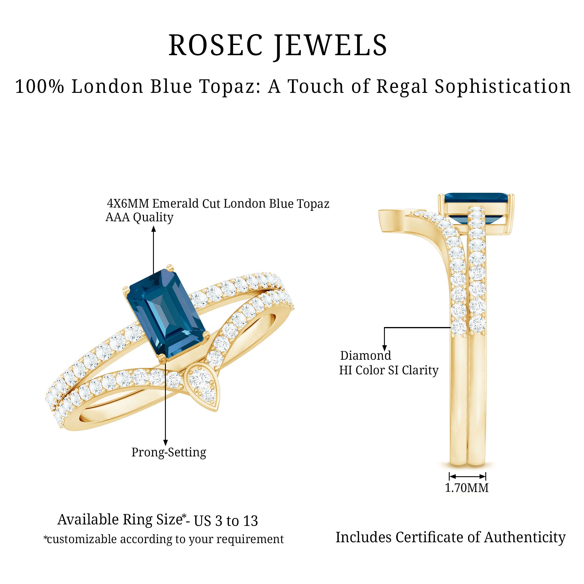 Genuine London Blue Topaz Emerald Cut Engagement Ring Set with Diamond Band AAA - Rosec Jewels