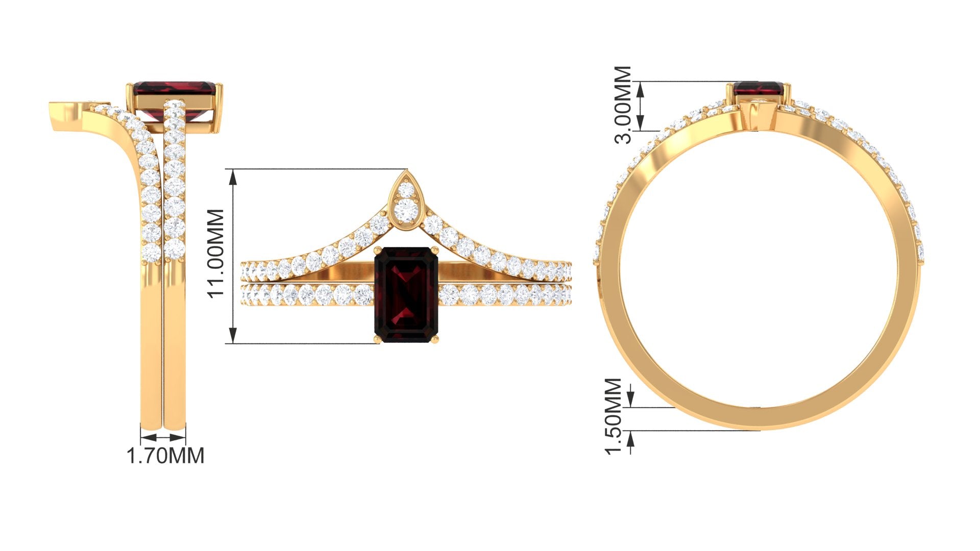 Rosec Jewels-Real Garnet Diamond Emerald Cut Wedding Bridal Ring Set of 2