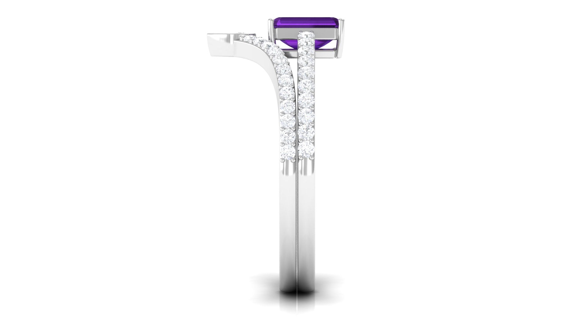 Rosec Jewels-Natural 1.4 Carat Emerald Cut Amethyst Diamond Wedding Ring Set