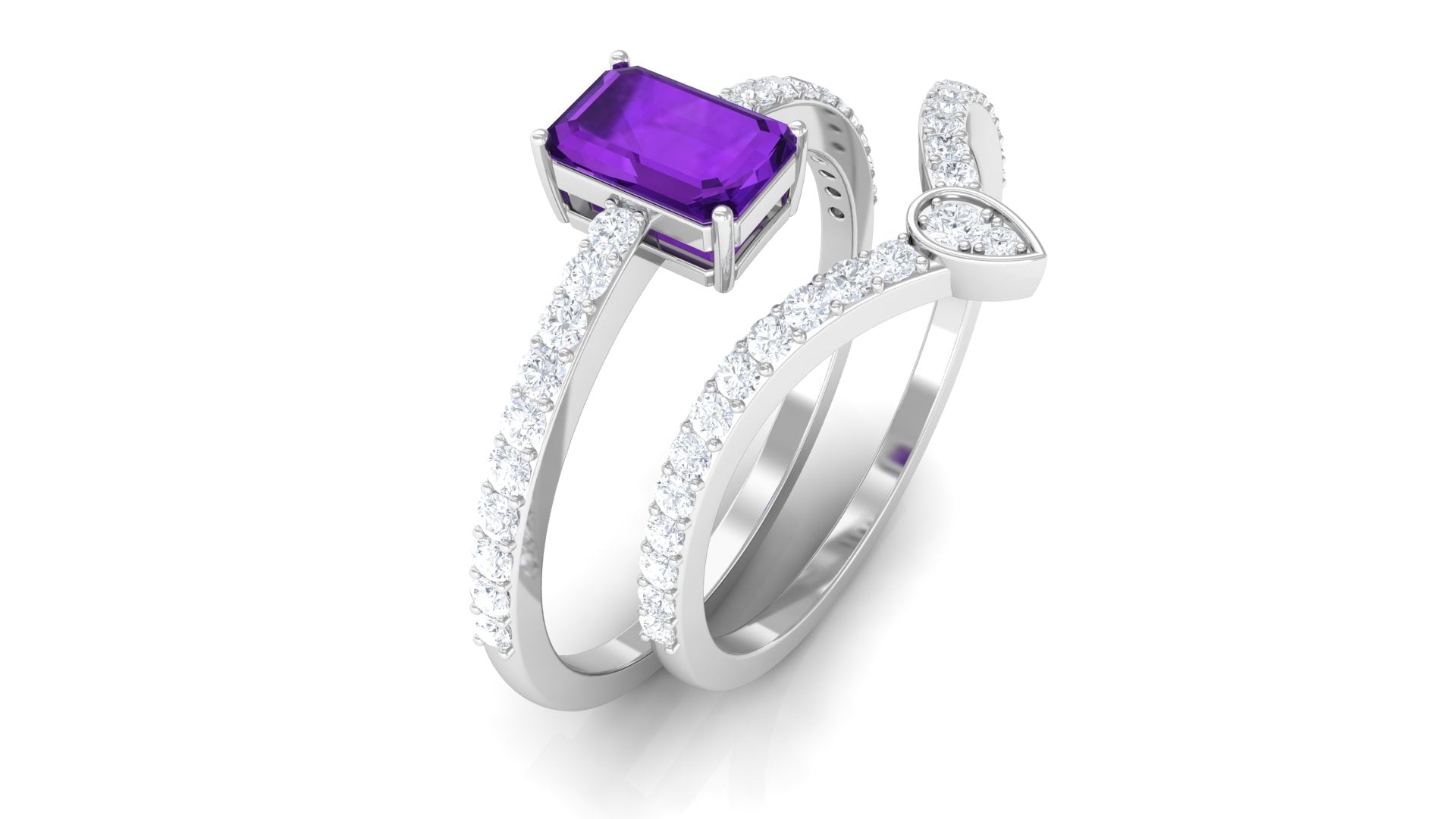 Rosec Jewels-Natural 1.4 Carat Emerald Cut Amethyst Diamond Wedding Ring Set