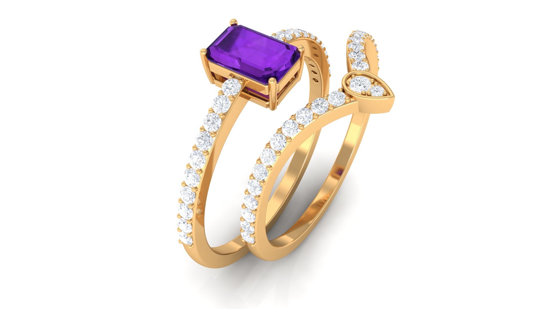 Rosec Jewels-Natural 1.4 Carat Emerald Cut Amethyst Diamond Wedding Ring Set