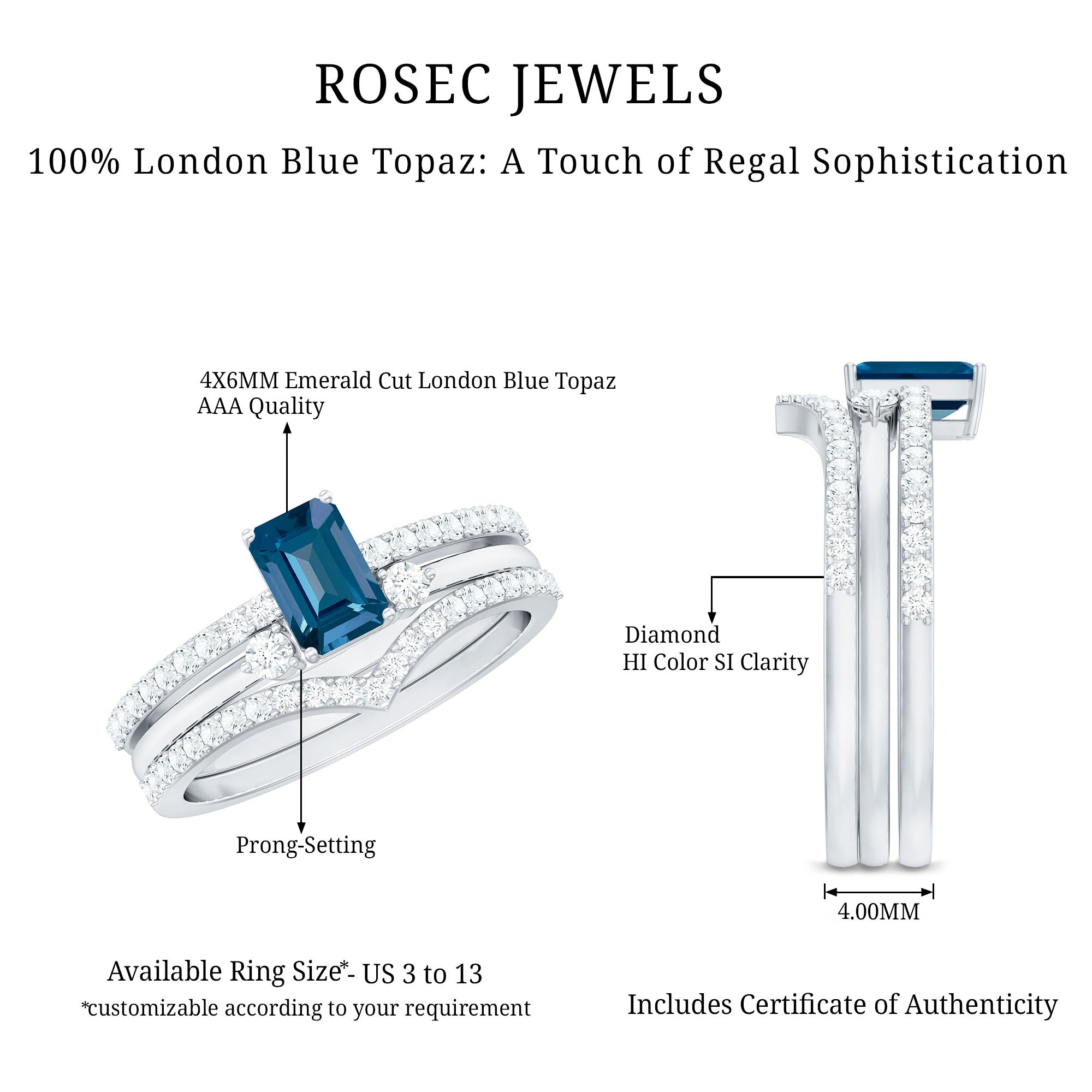 4X6mm Emerald Cut London Blue Topaz Curved Wedding Ring Set with Certificate AAA - Rosec Jewels