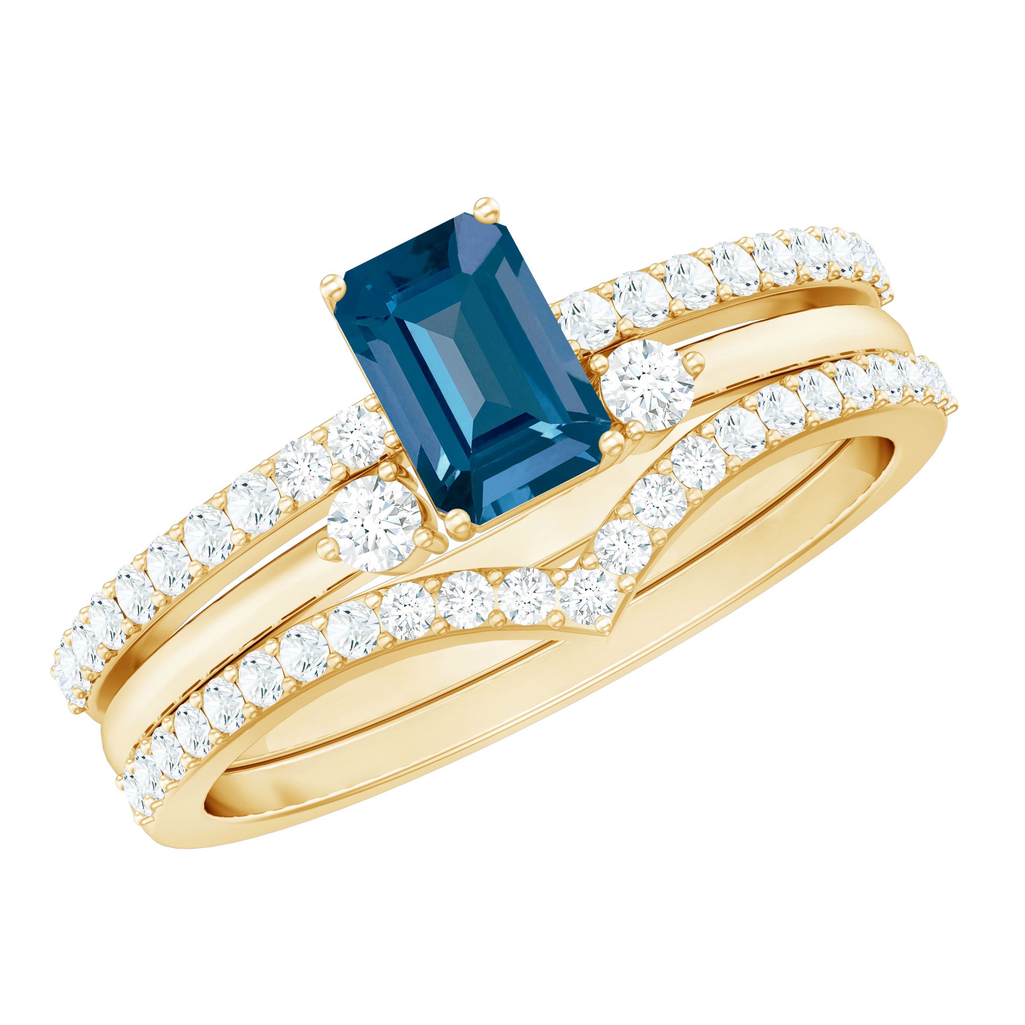 4X6mm Emerald Cut London Blue Topaz Curved Wedding Ring Set with Certificate AAA - Rosec Jewels