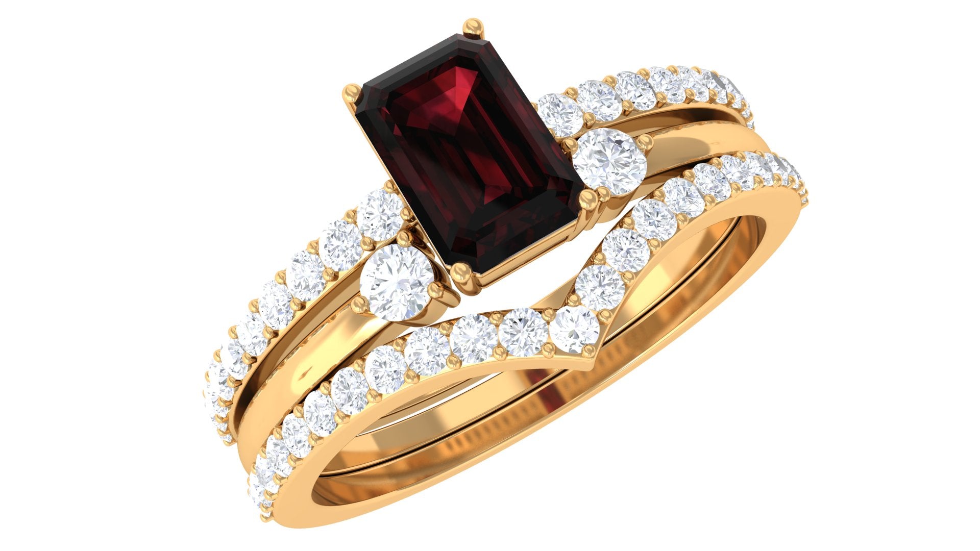 Rosec Jewels-Natural Emerald Cut Garnet Diamond Wedding Bridal Ring Set of 3