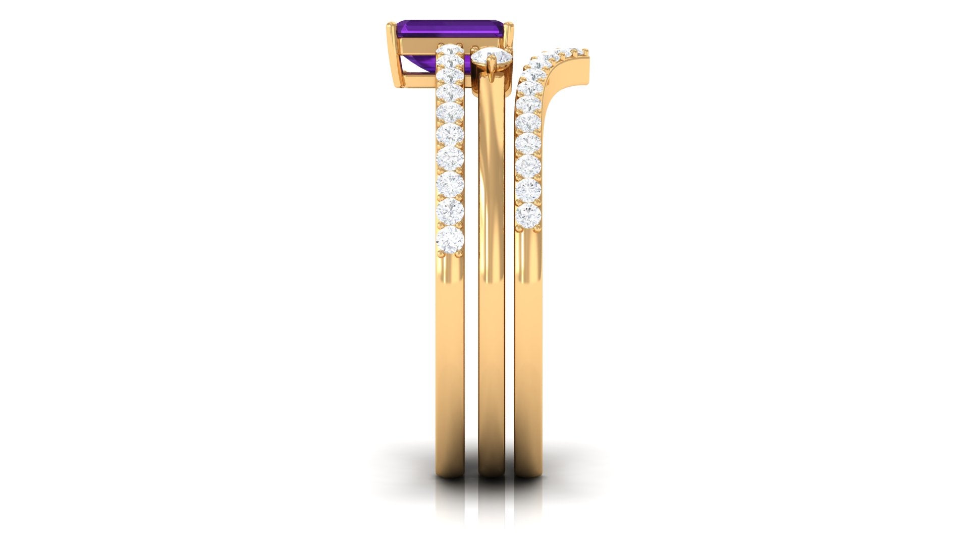 Rosec Jewels-Natural 1.4 Carat Emerald Cut Amethyst Diamond 3 Piece Bridal Ring Set