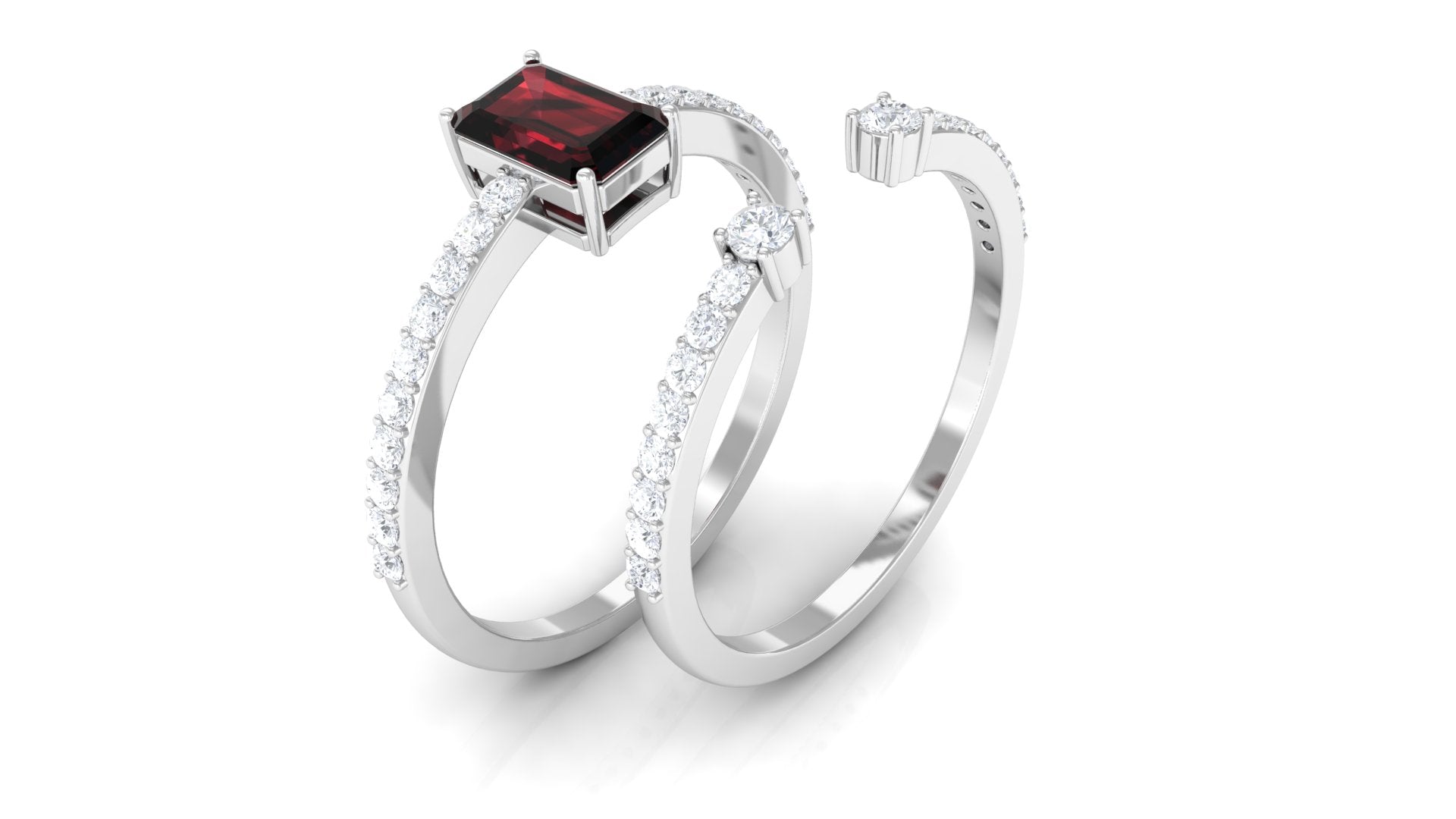 Certified Real Garnet Diamond Emerald Cut Engagement Ring with Wedding Band Cuff AAA - Rosec Jewels