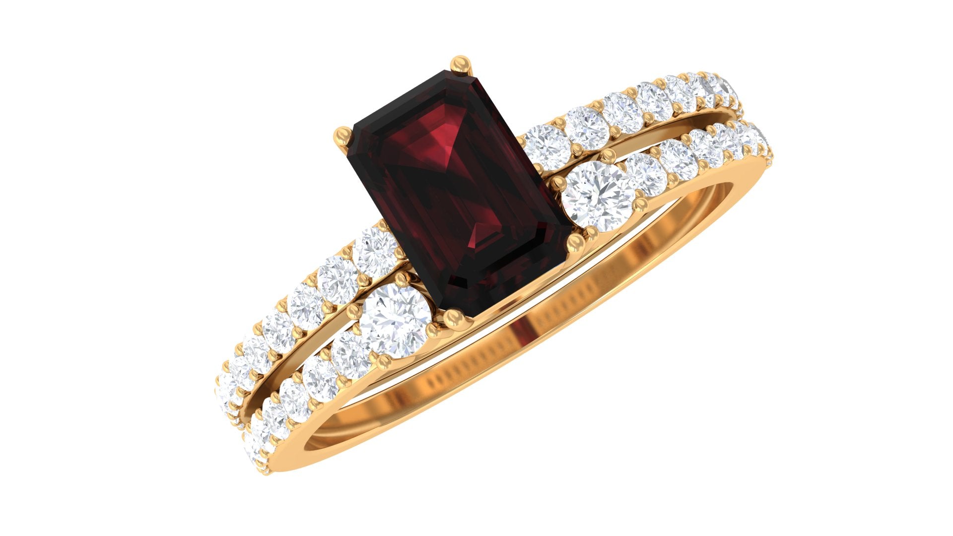 Certified Real Garnet Diamond Emerald Cut Engagement Ring with Wedding Band Cuff AAA - Rosec Jewels
