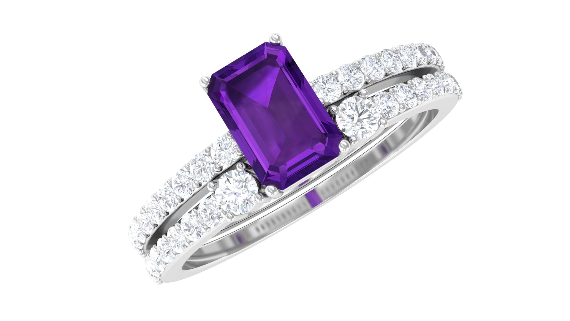 Real Amethyst and Diamond Solitaire Ring Set