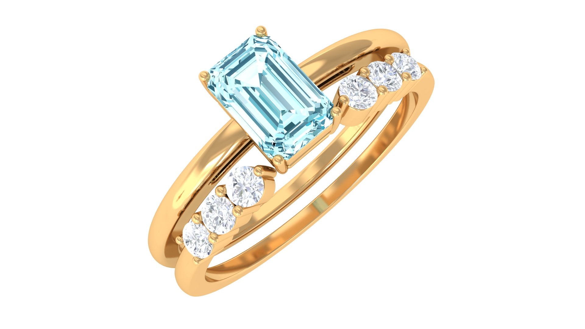 Solitaire 4X6MM Aquamarine and Diamond Emerald Cut Stackable Ring Set AAA - Rosec Jewels