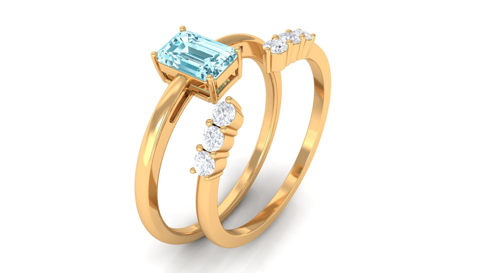 Solitaire 4X6MM Aquamarine and Diamond Emerald Cut Stackable Ring Set AAA - Rosec Jewels