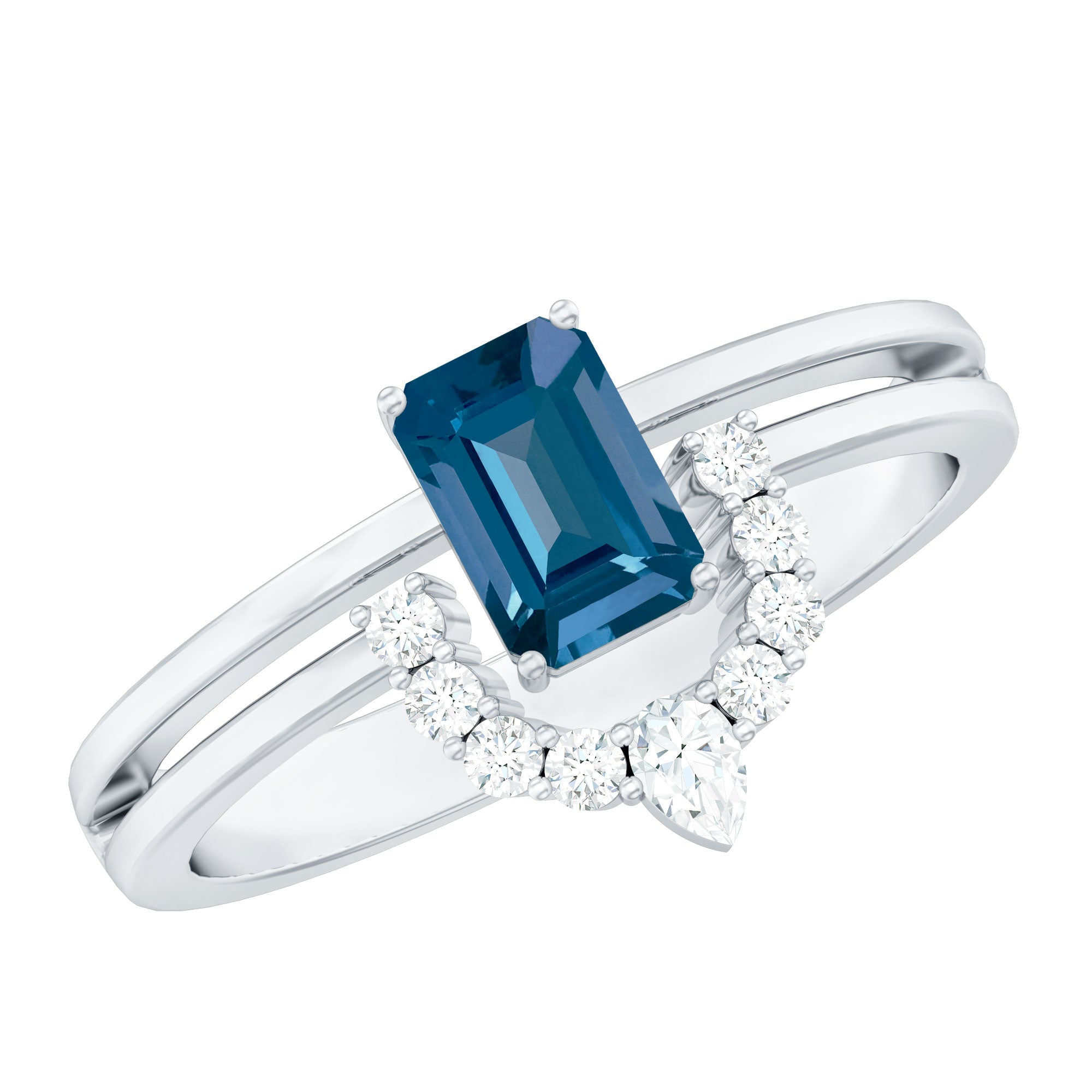Rosec Jewels-Emerald Cut London Blue Topaz Double Band Engagement Ring with Diamond