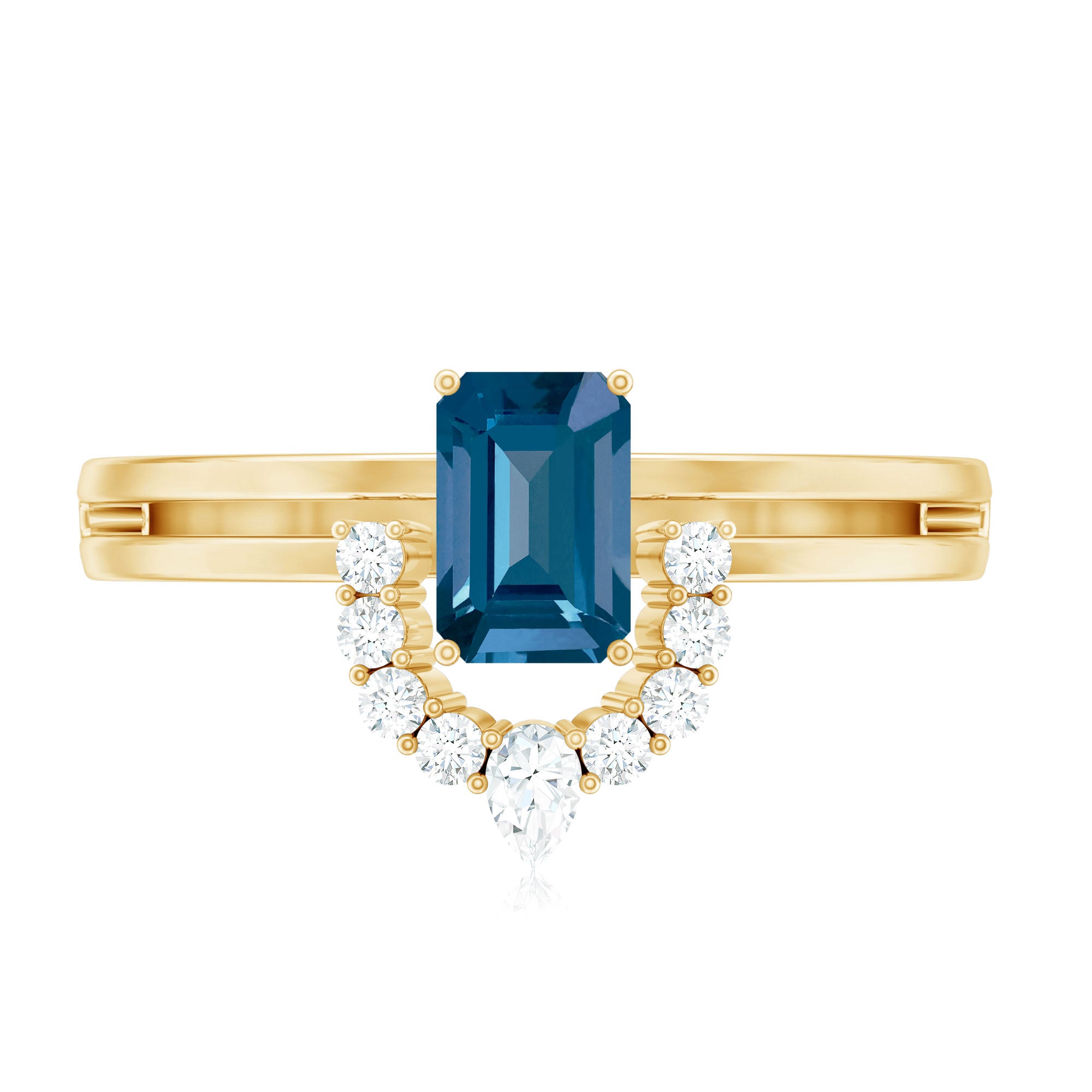 Rosec Jewels-Emerald Cut London Blue Topaz Double Band Engagement Ring with Diamond