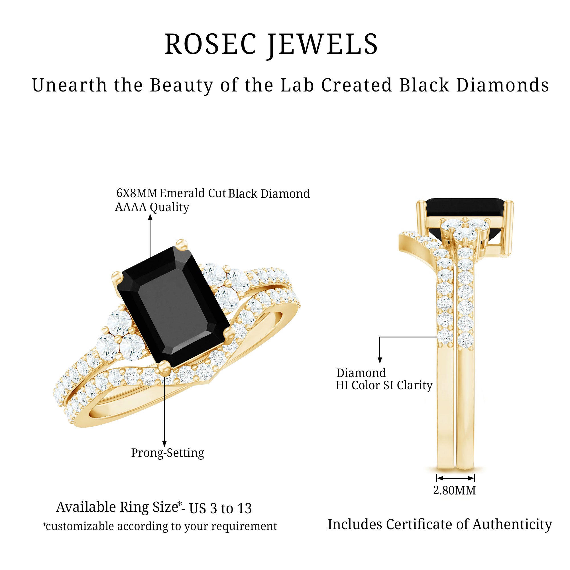 Certified 1.6 Carat Emerald Cut Lab Grown Black and White Diamond Wedding Ring Set AAAA ( Synthetic ) - Rosec Jewels