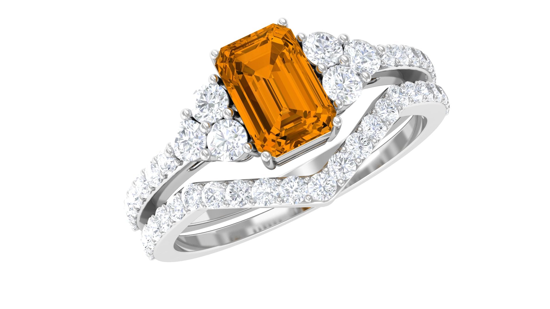 Real Citrine Emerald Cut Engagement Ring with Wedding Band AAA - Rosec Jewels