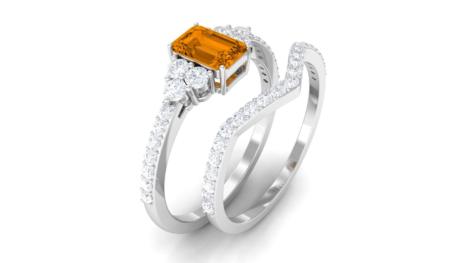 Real Citrine Emerald Cut Engagement Ring with Wedding Band AAA - Rosec Jewels