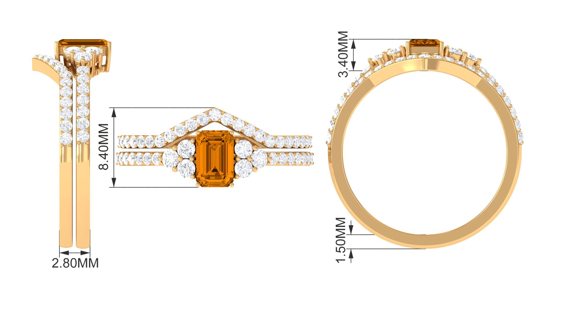 Real Citrine Emerald Cut Engagement Ring with Wedding Band AAA - Rosec Jewels
