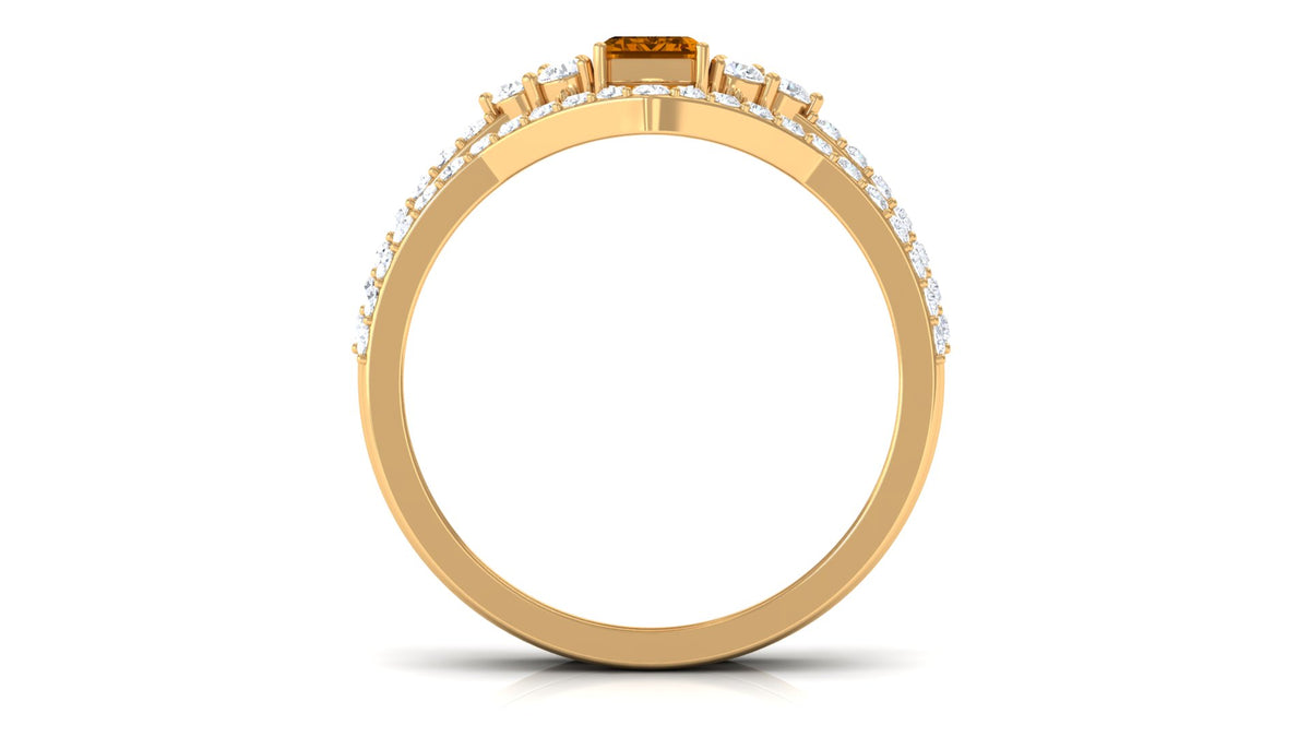 Real Citrine Emerald Cut Engagement Ring with Wedding Band AAA - Rosec Jewels