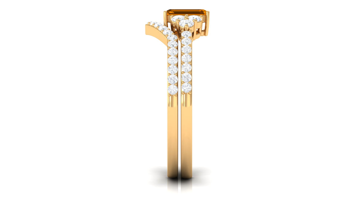 Real Citrine Emerald Cut Engagement Ring with Wedding Band AAA - Rosec Jewels