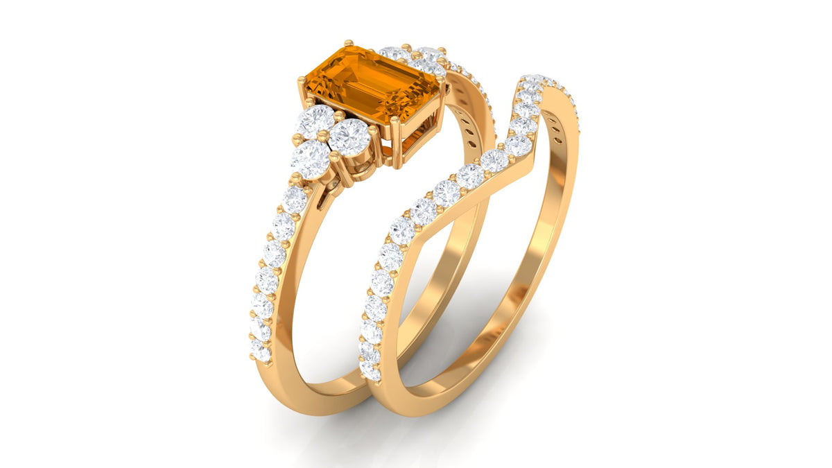 Real Citrine Emerald Cut Engagement Ring with Wedding Band AAA - Rosec Jewels