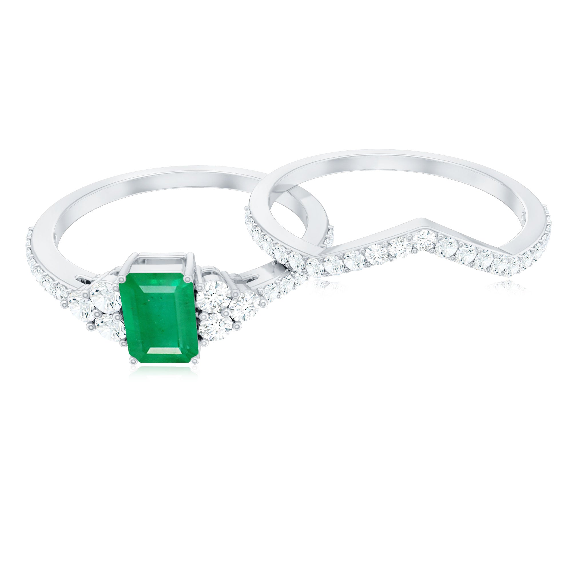 Genuine Emerald Cut Emerald Diamond Bridal Ring Set of 2 AAA - Rosec Jewels