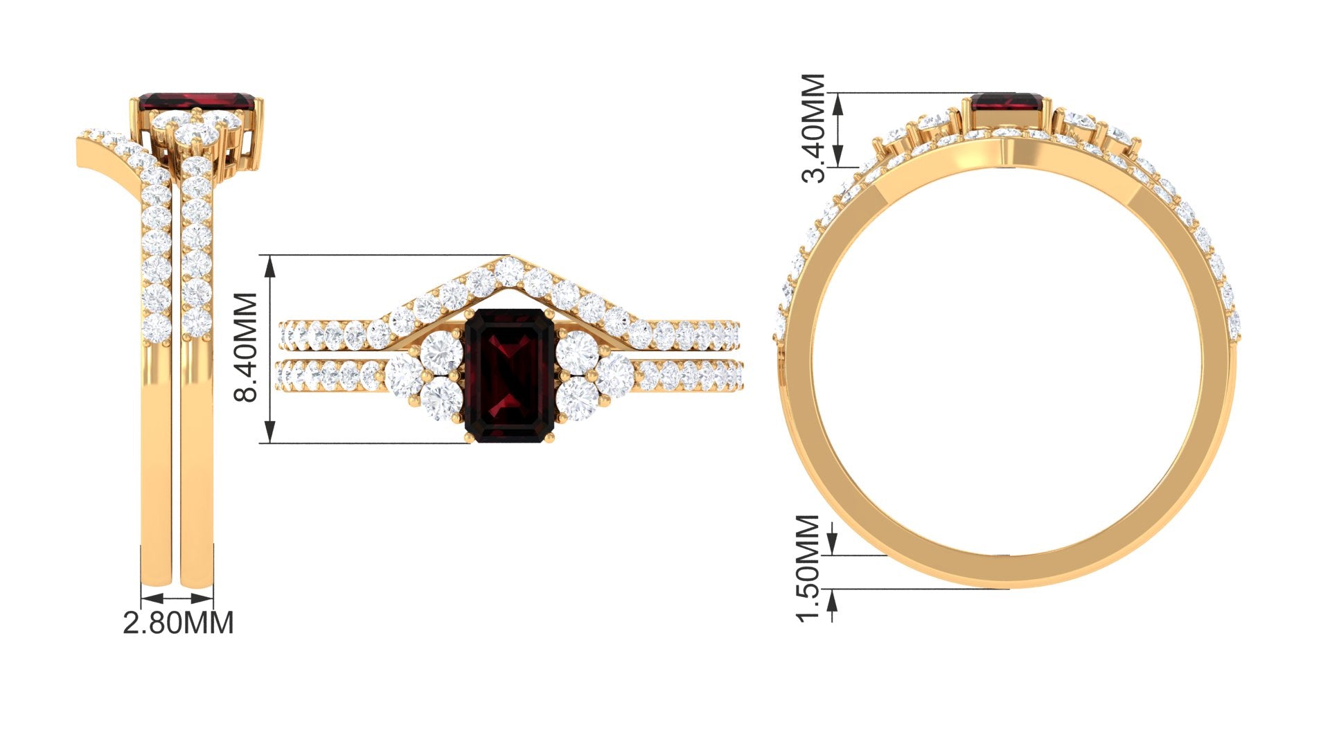Rosec Jewels-Natural Garnet Diamond Emerald Cut Engagement Wedding Ring Set