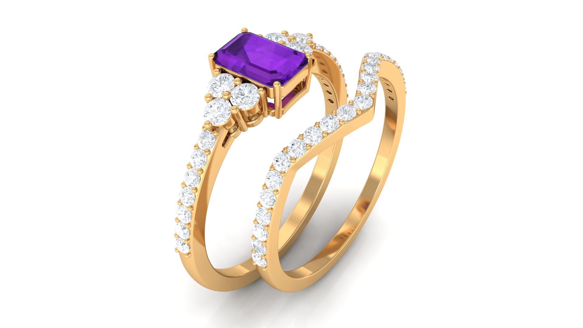 Genuine 1.4 Carat Emerald Cut Amethyst Wedding Ring Set with Diamond AAA - Rosec Jewels