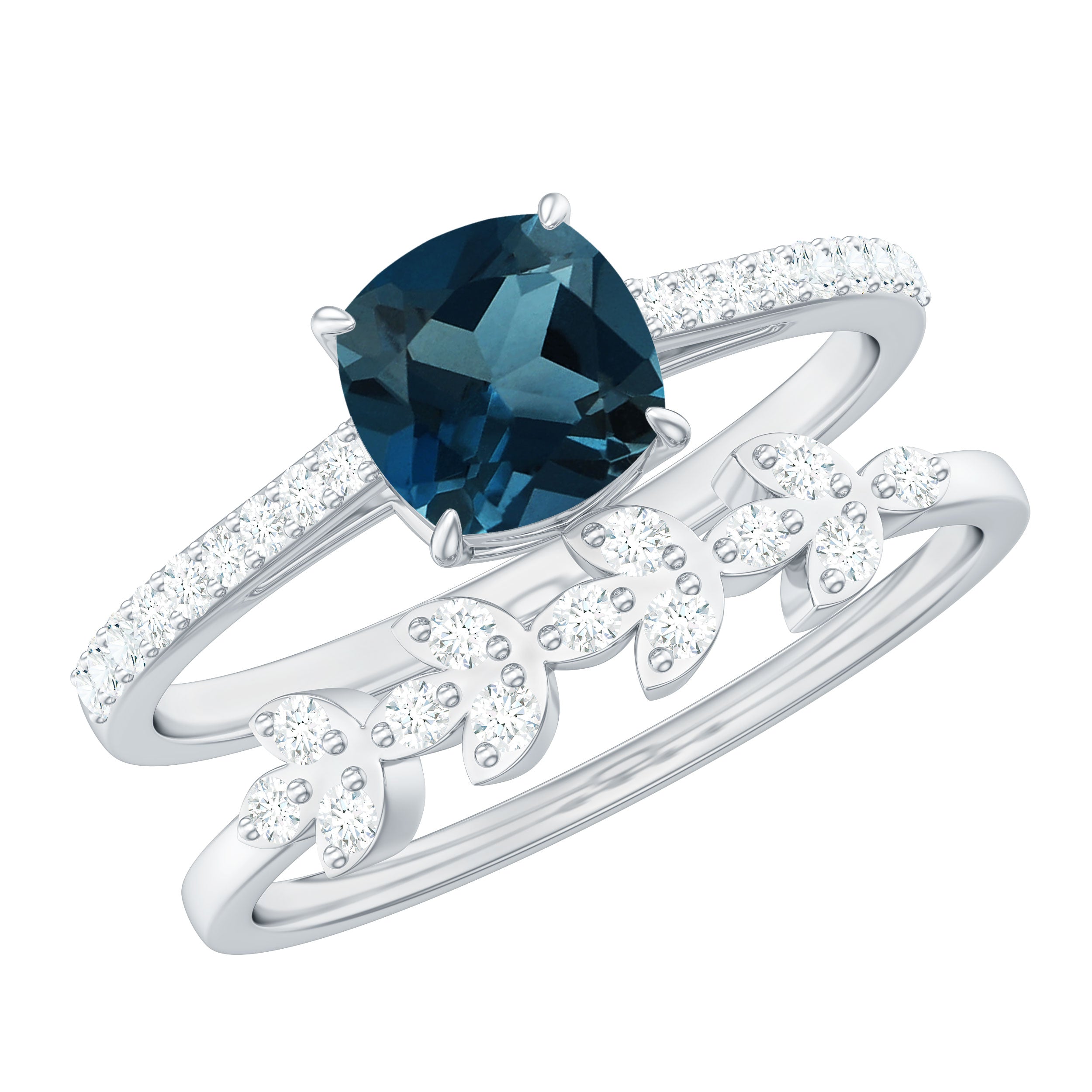 8mm Cushion Cut London Blue Topaz and Diamond Engagement Ring with Wedding Band
