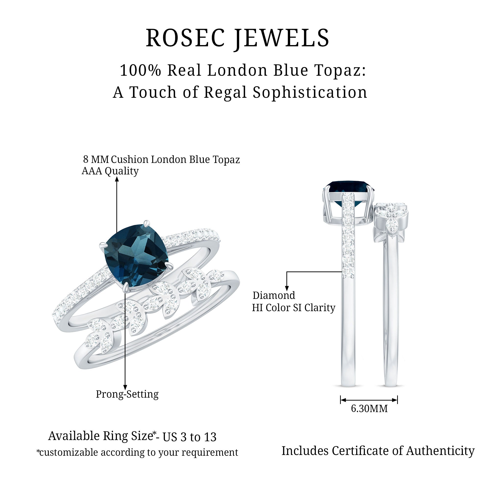 8mm Cushion Cut London Blue Topaz and Diamond Engagement Ring with Wedding Band AAA - Rosec Jewels