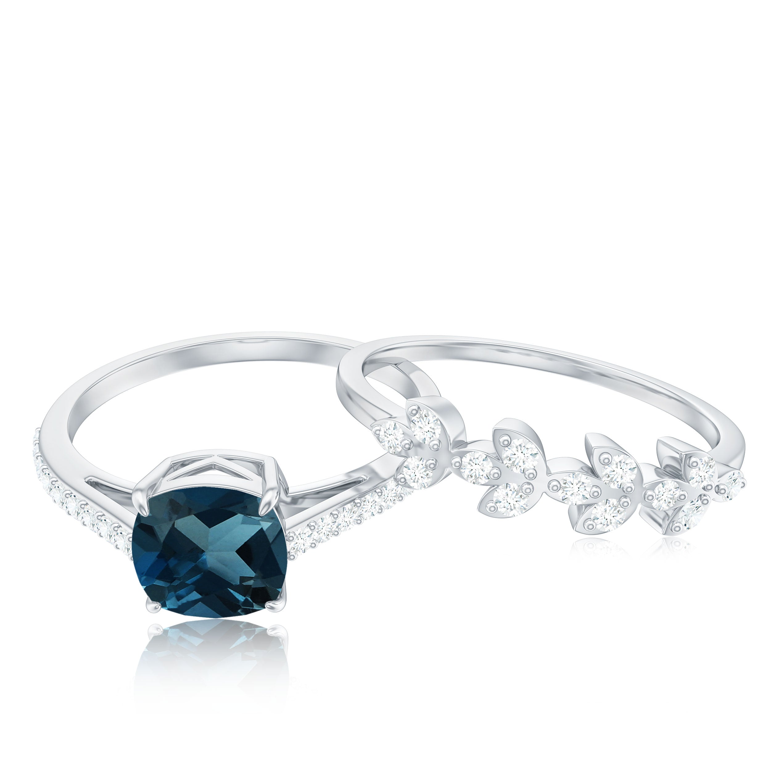8mm Cushion Cut London Blue Topaz and Diamond Engagement Ring with Wedding Band AAA - Rosec Jewels