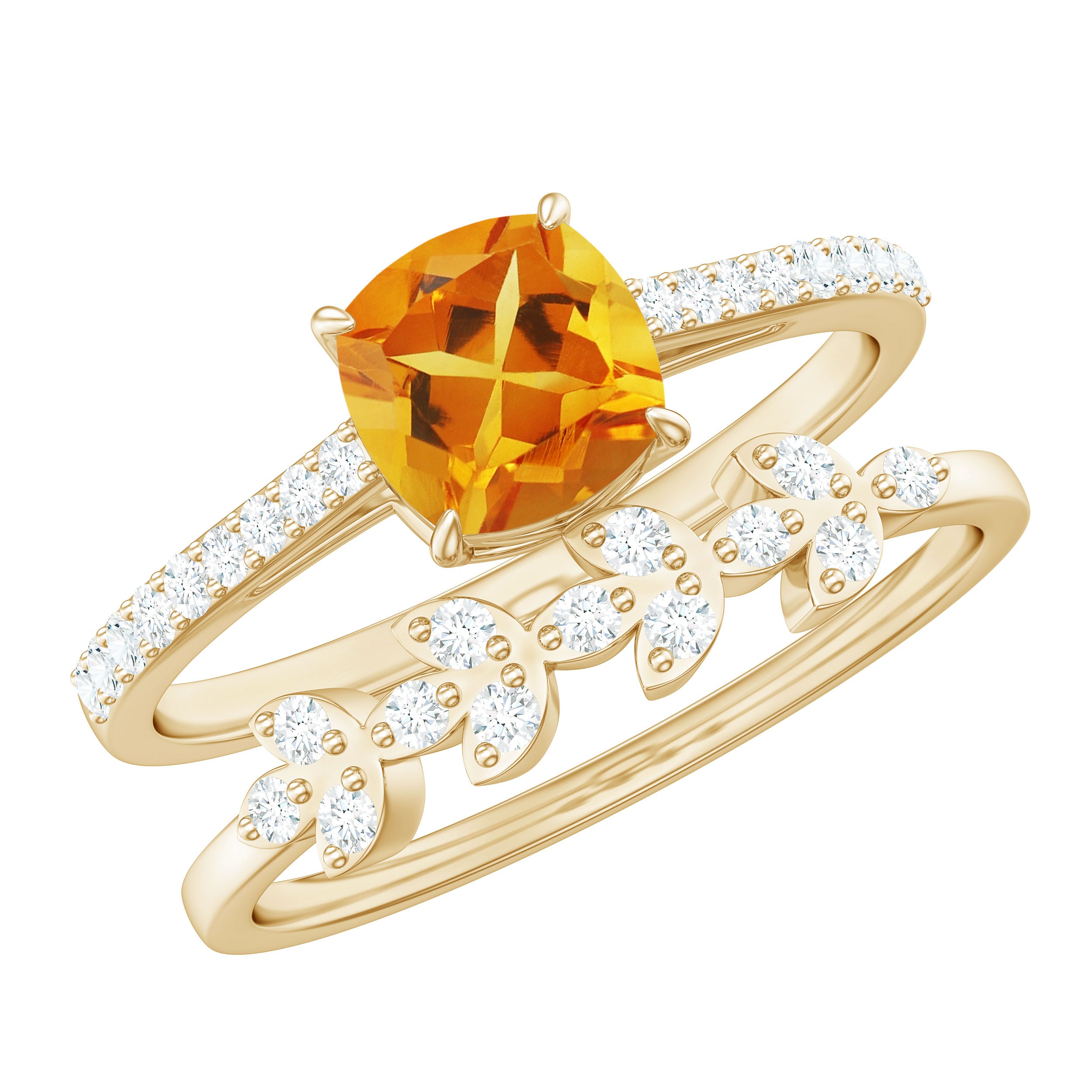 Certified Citrine and Diamond Wedding Bridal Ring Set of 2 AAA - Rosec Jewels