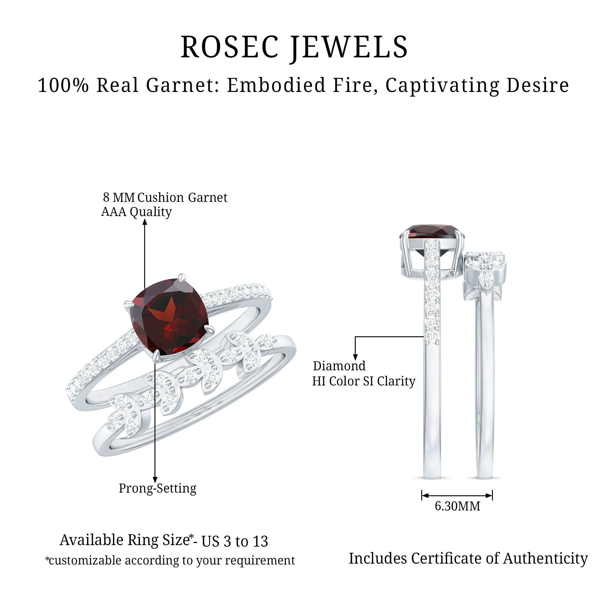 Rosec Jewels-Natural Cushion Cut Garnet Diamond Wedding Bridal Ring Set of 2
